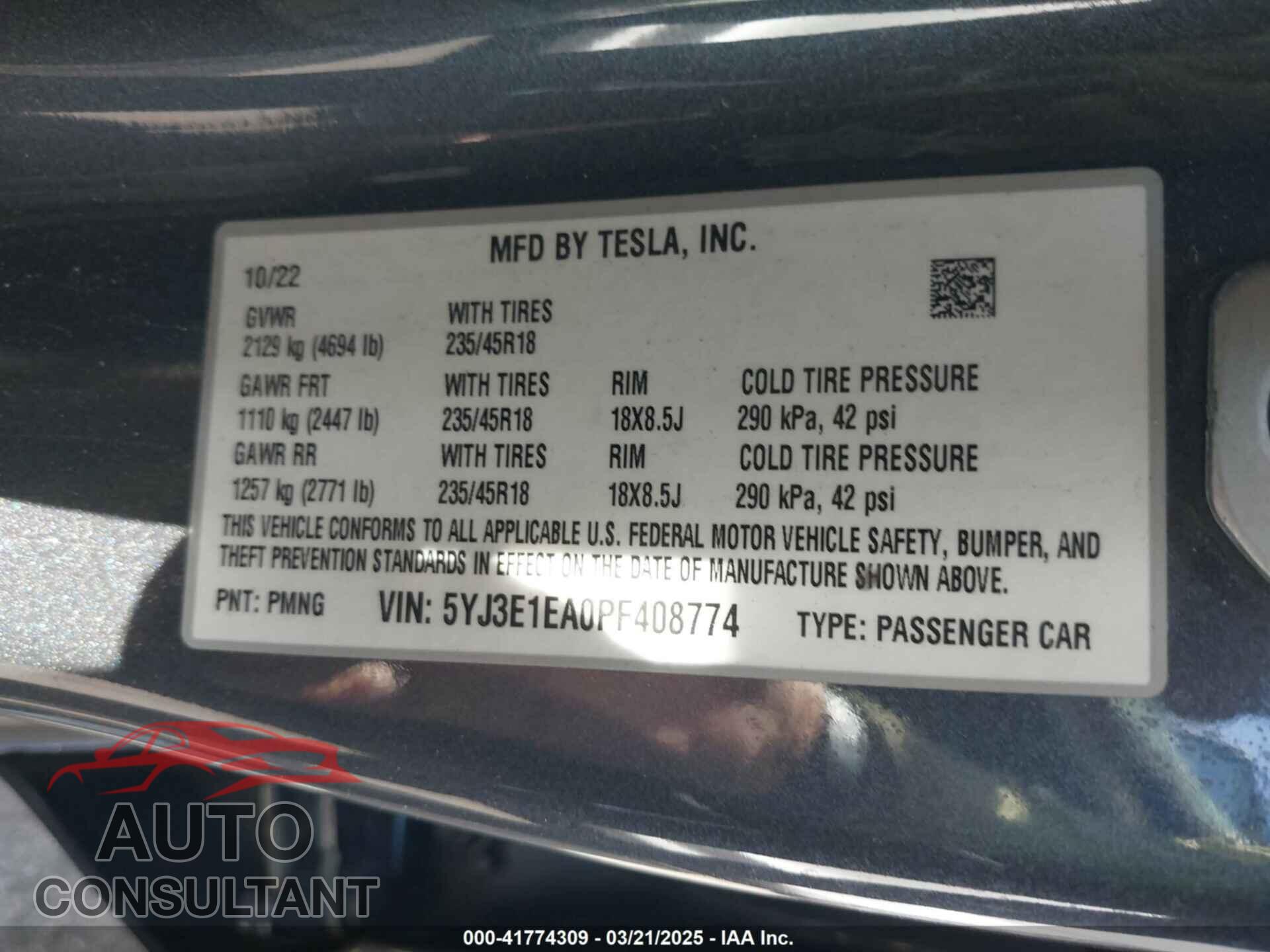 TESLA MODEL 3 2023 - 5YJ3E1EA0PF408774