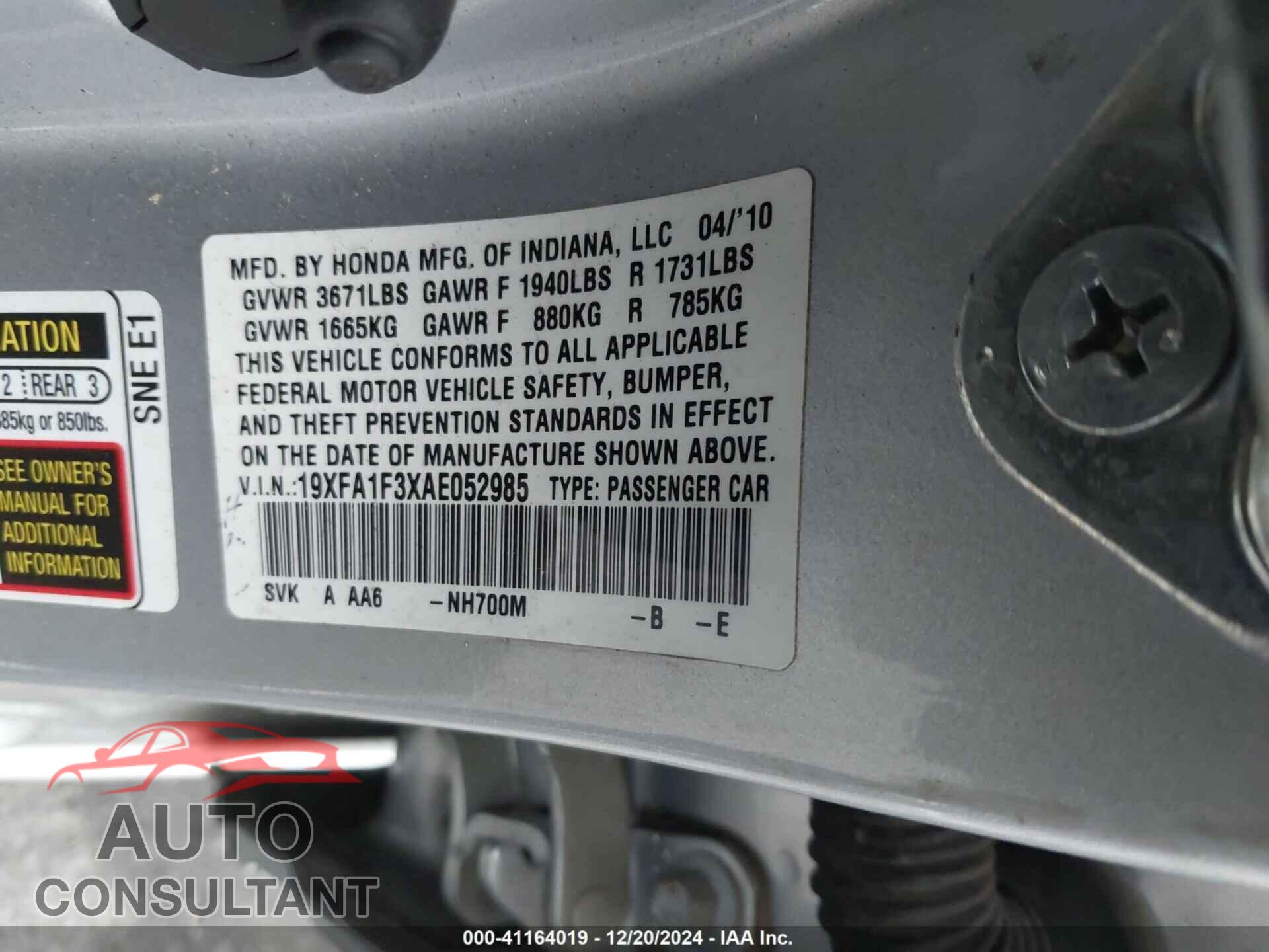 HONDA CIVIC 2010 - 19XFA1F3XAE052985