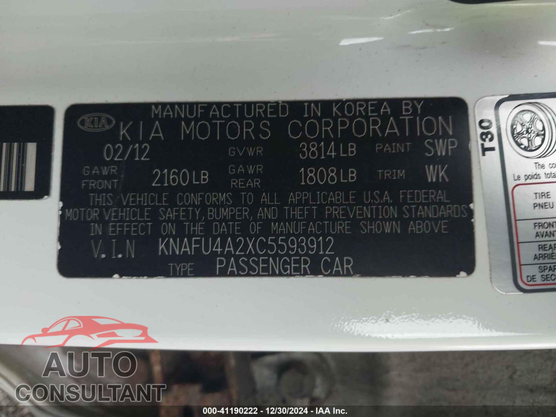 KIA FORTE 2012 - KNAFU4A2XC5593912