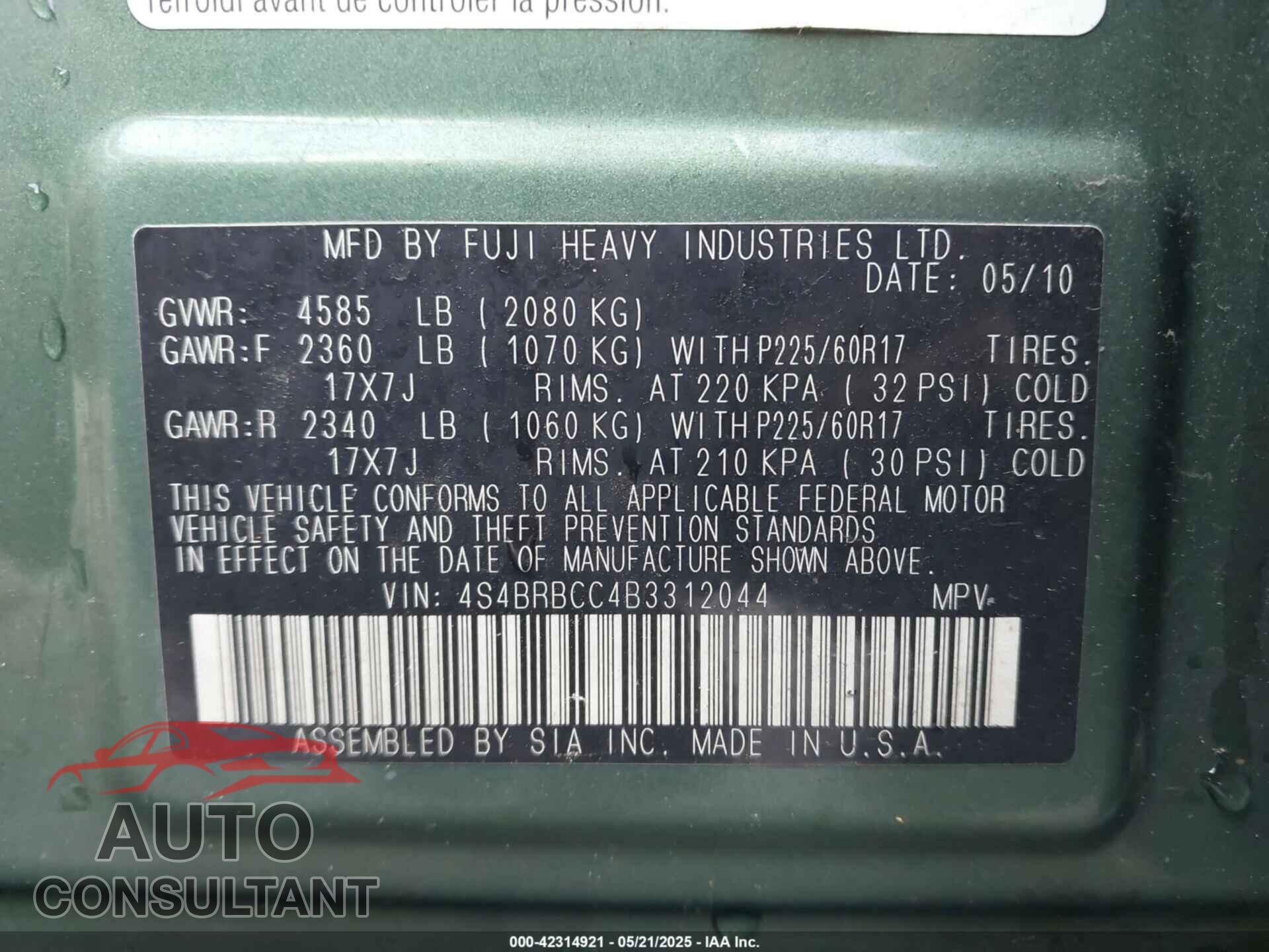 SUBARU OUTBACK 2011 - 4S4BRBCC4B3312044