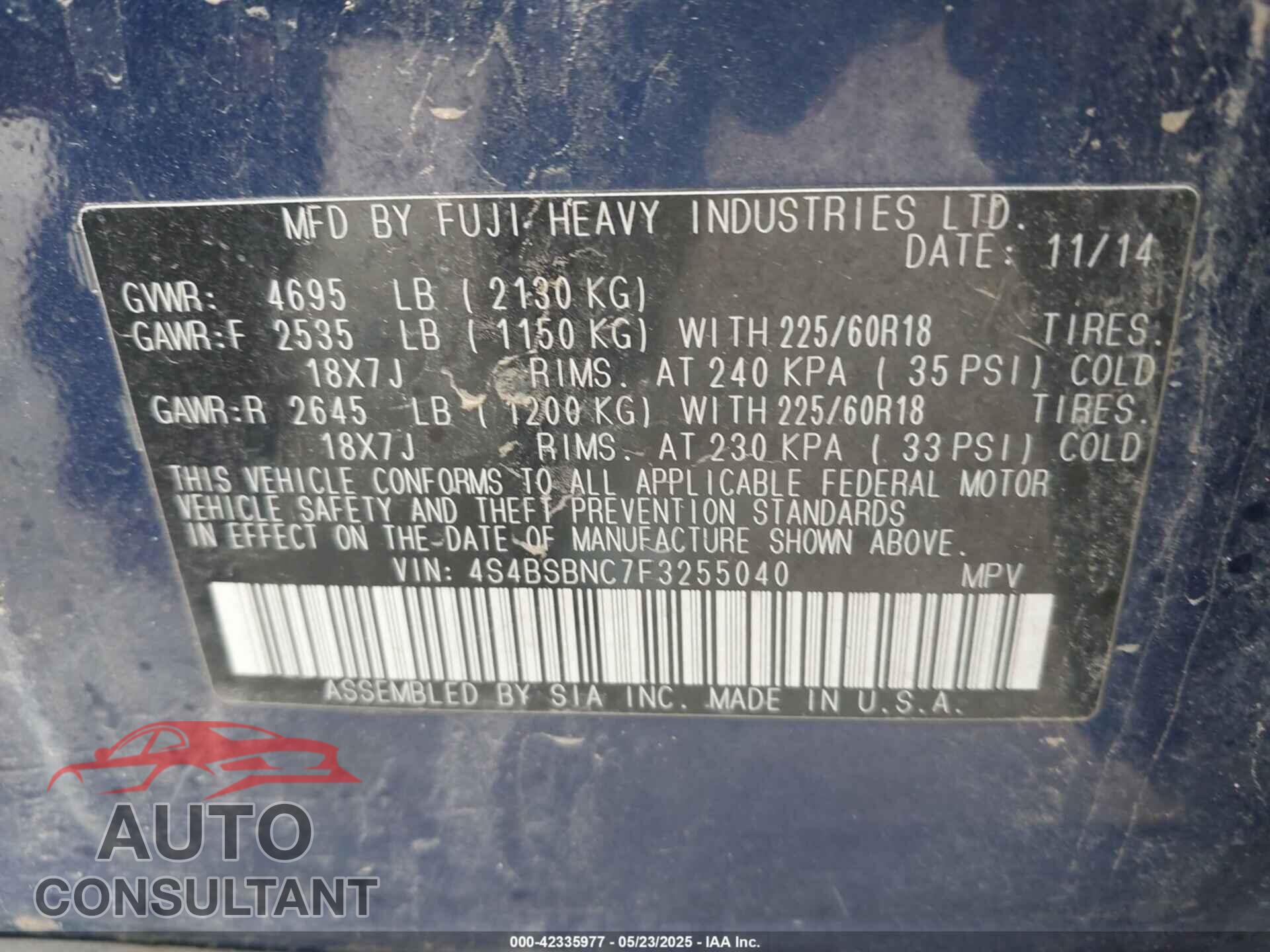 SUBARU OUTBACK 2015 - 4S4BSBNC7F3255040