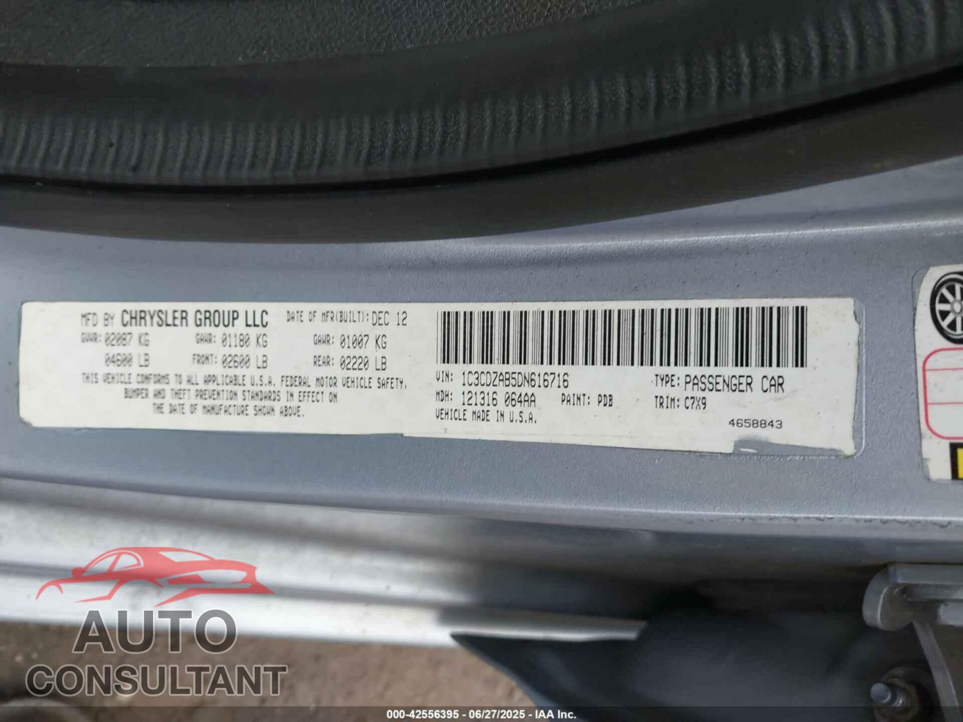 DODGE AVENGER 2013 - 1C3CDZAB5DN616716
