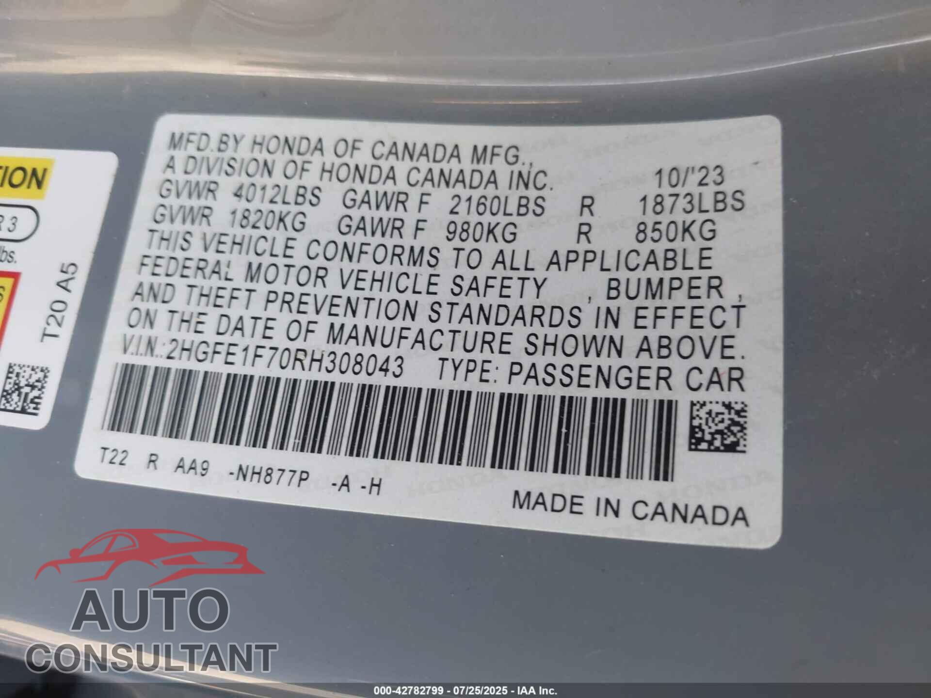HONDA CIVIC 2024 - 2HGFE1F70RH308043