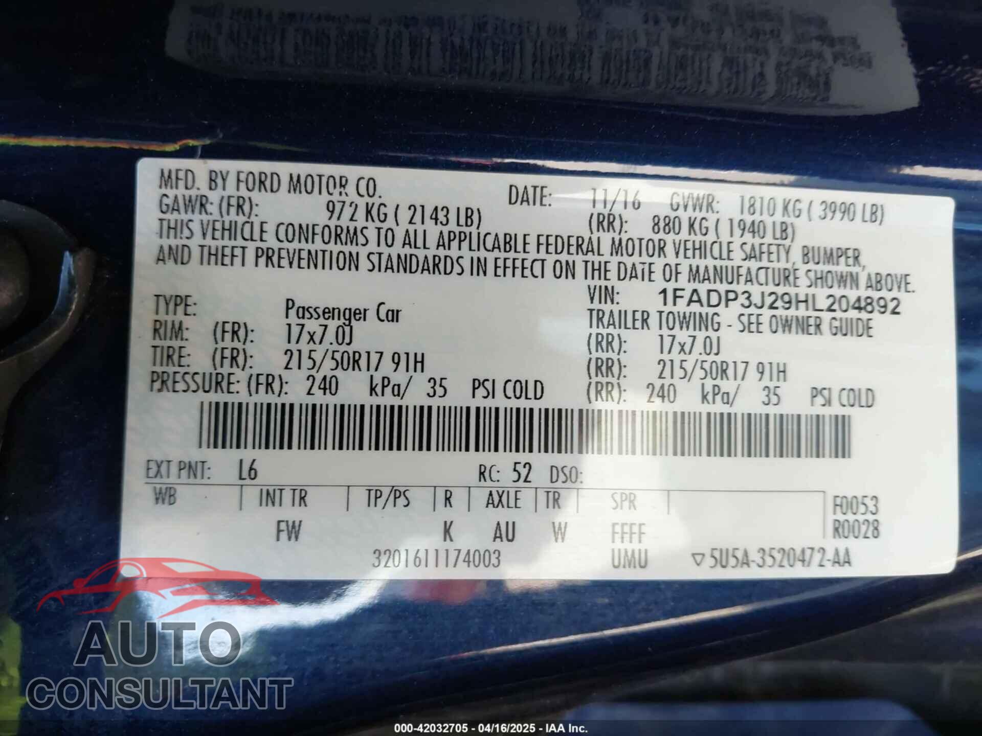 FORD FOCUS 2017 - 1FADP3J29HL204892
