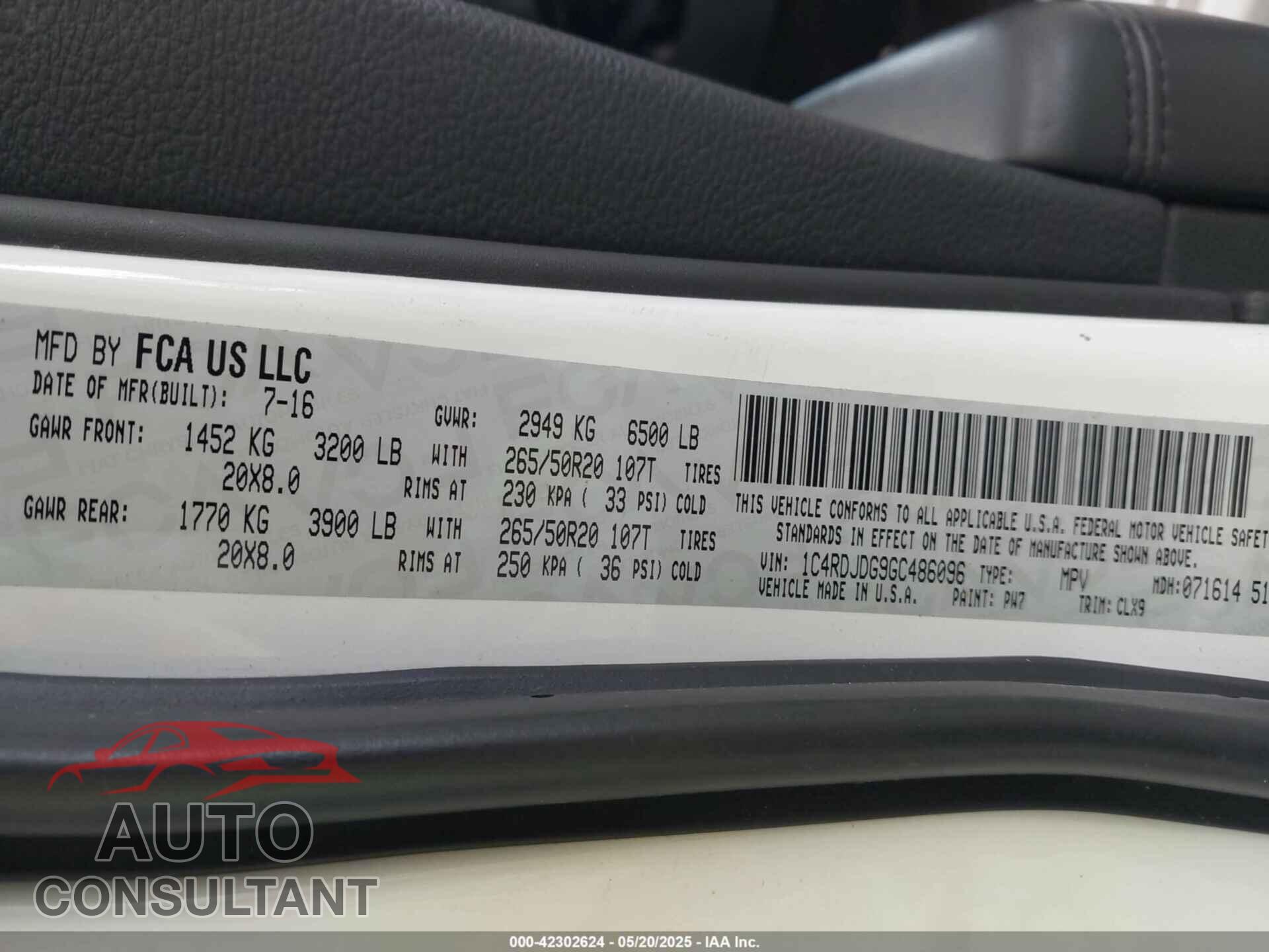 DODGE DURANGO 2016 - 1C4RDJDG9GC486096