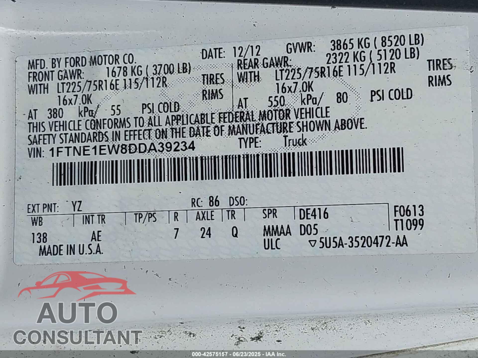 FORD E-150 2013 - 1FTNE1EW8DDA39234