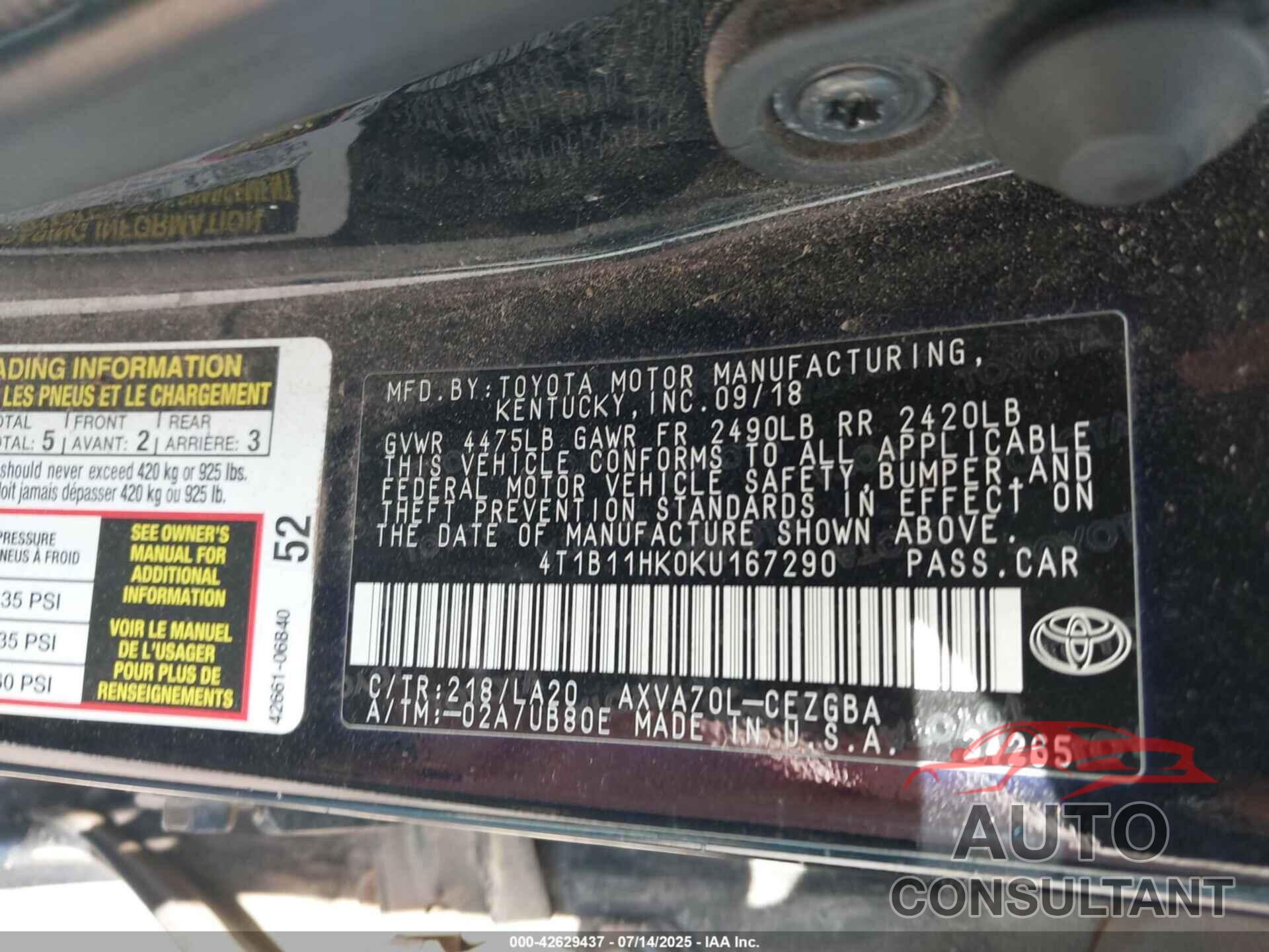 TOYOTA CAMRY 2019 - 4T1B11HK0KU167290