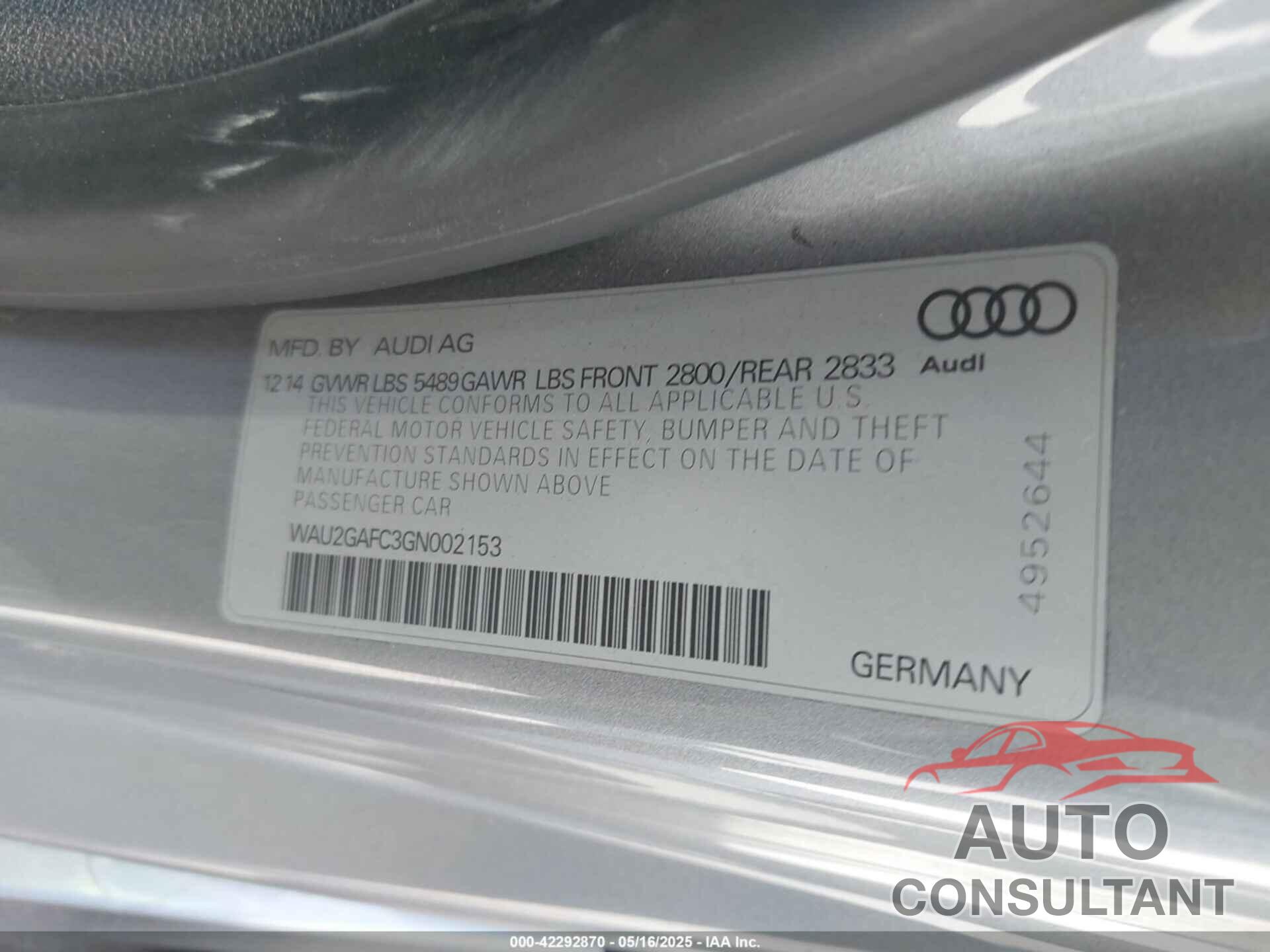 AUDI A7 2016 - WAU2GAFC3GN002153