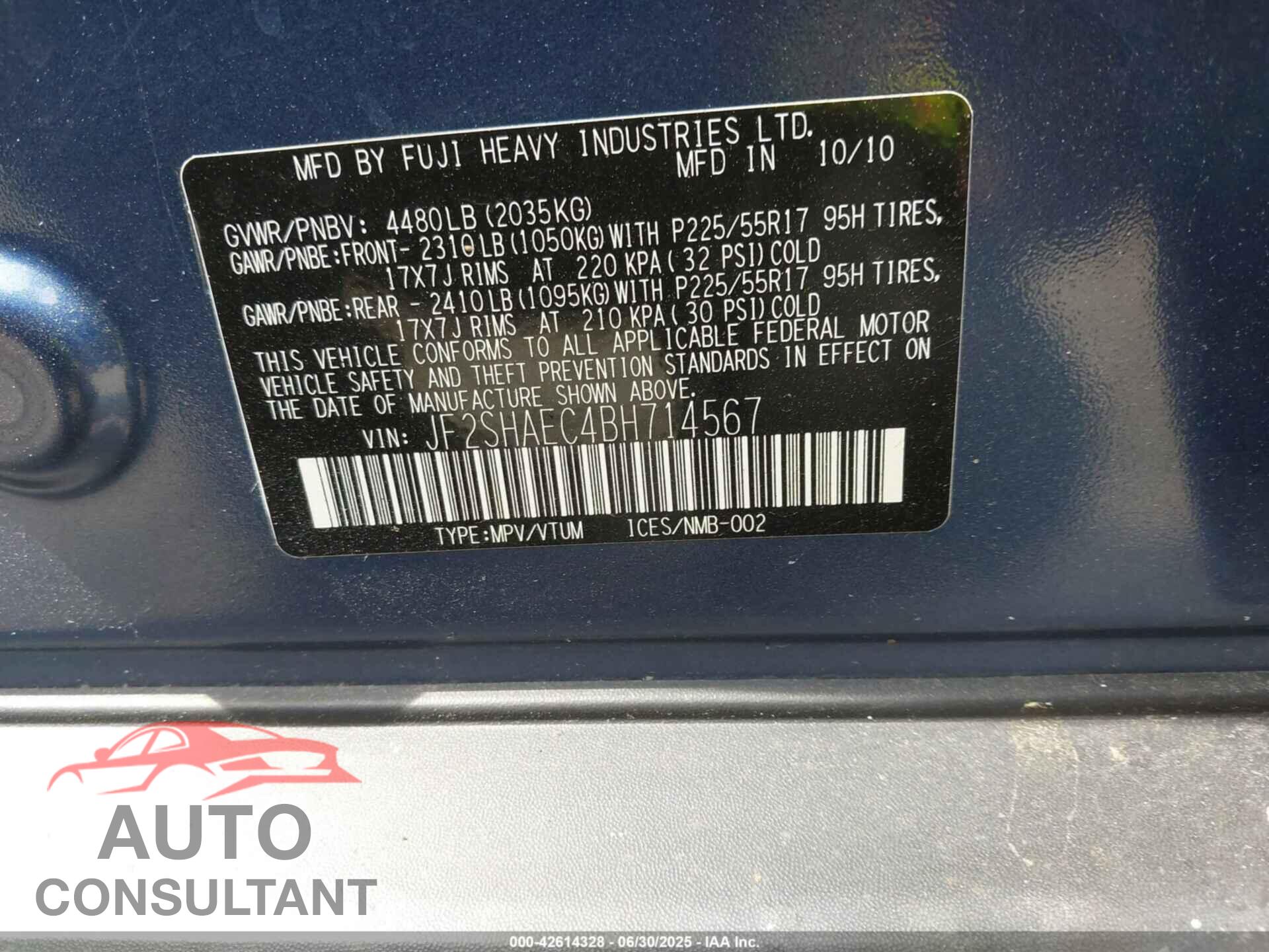 SUBARU FORESTER 2011 - JF2SHAEC4BH714567