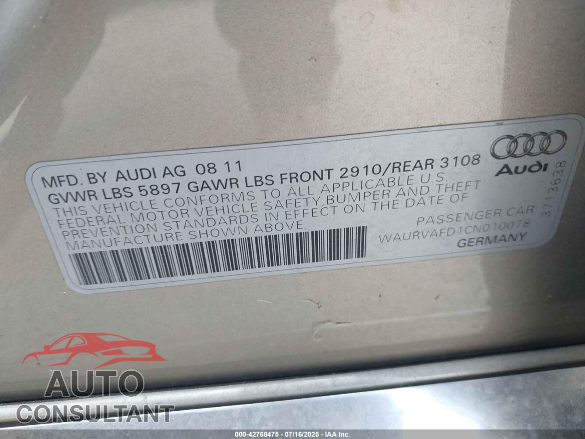 AUDI A8 L 2012 - WAURVAFD1CN010078
