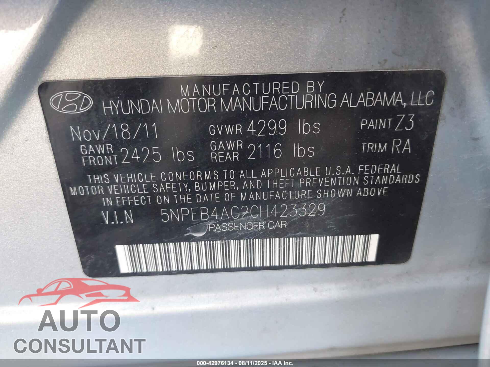 HYUNDAI SONATA 2012 - 5NPEB4AC2CH423329
