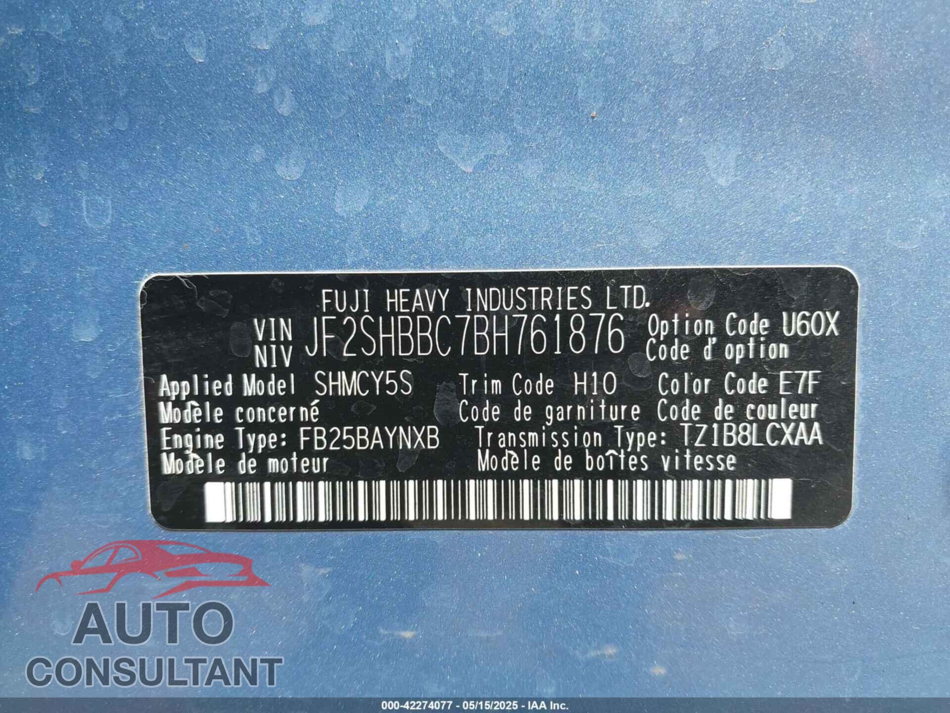 SUBARU FORESTER 2011 - JF2SHBBC7BH761876