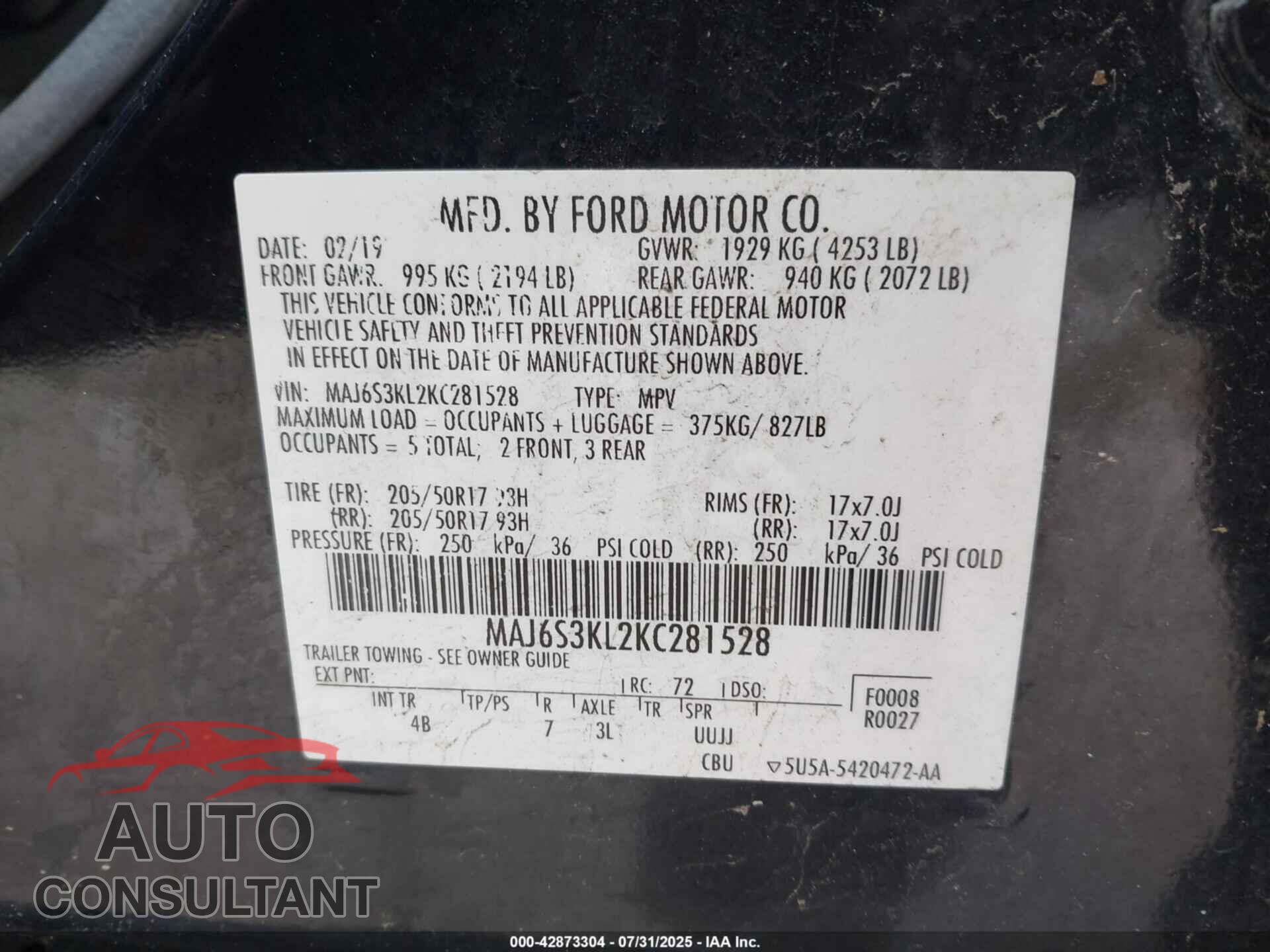 FORD ECOSPORT 2019 - MAJ6S3KL2KC281528