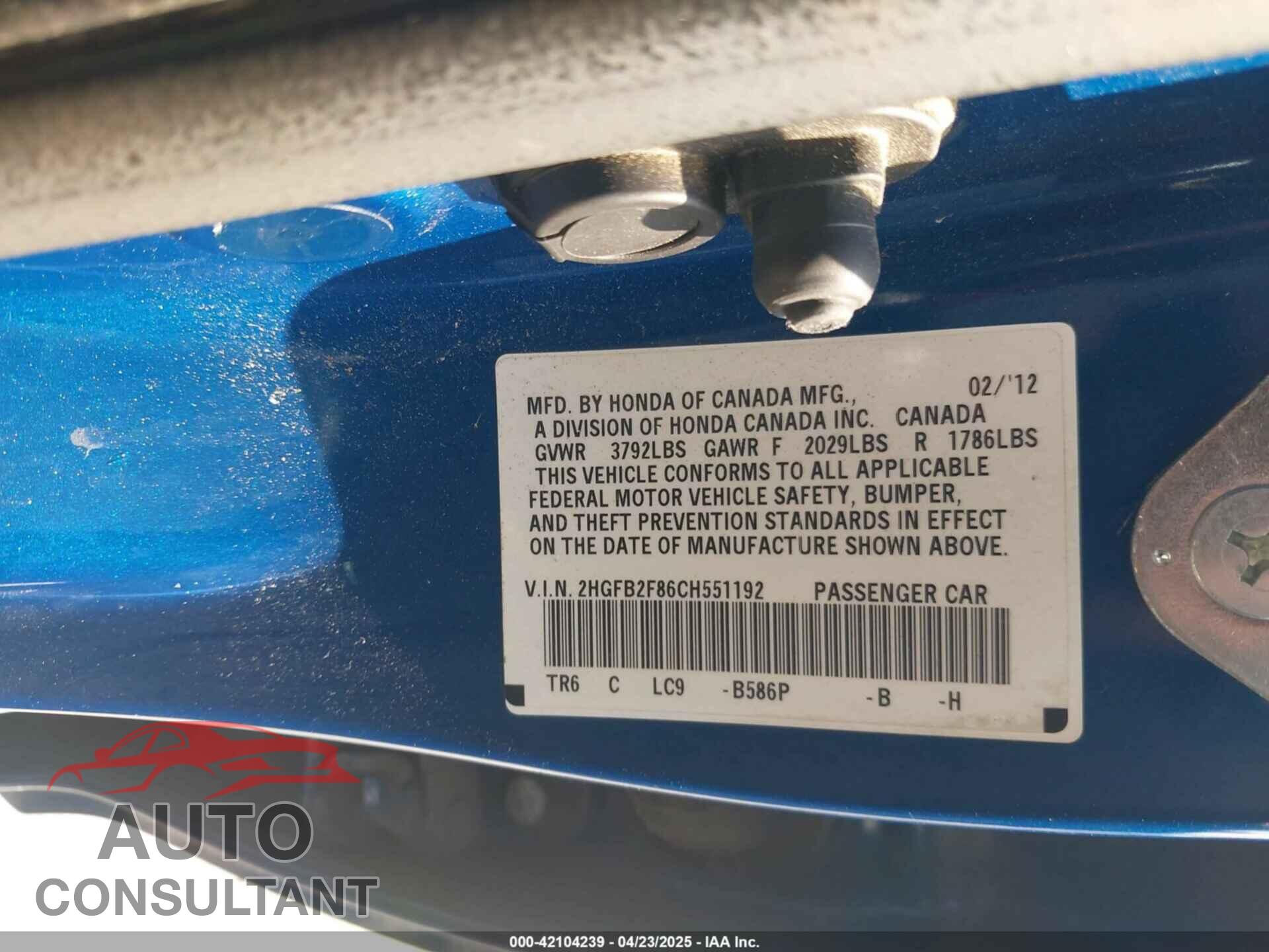 HONDA CIVIC 2012 - 2HGFB2F86CH551192