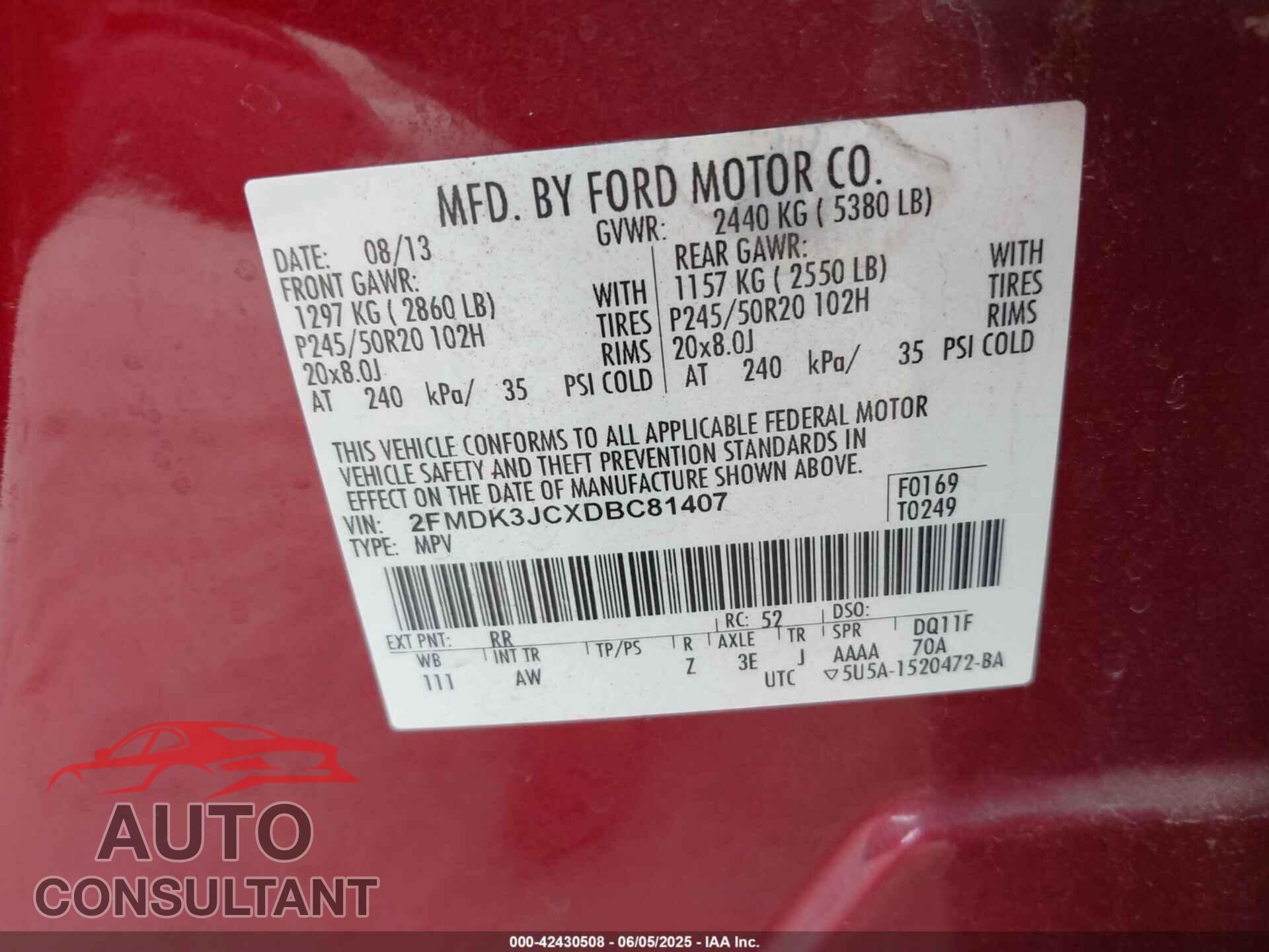 FORD EDGE 2013 - 2FMDK3JCXDBC81407