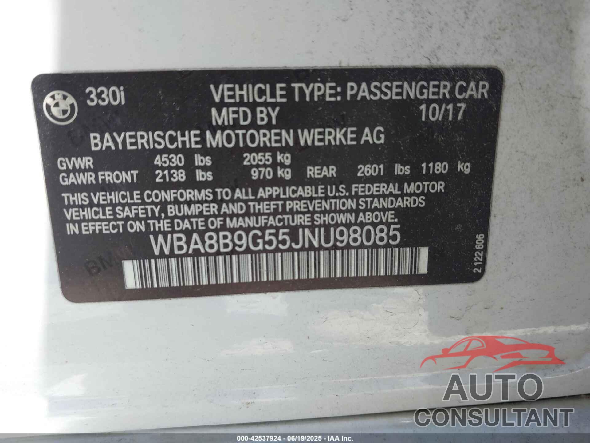 BMW 330I 2018 - WBA8B9G55JNU98085