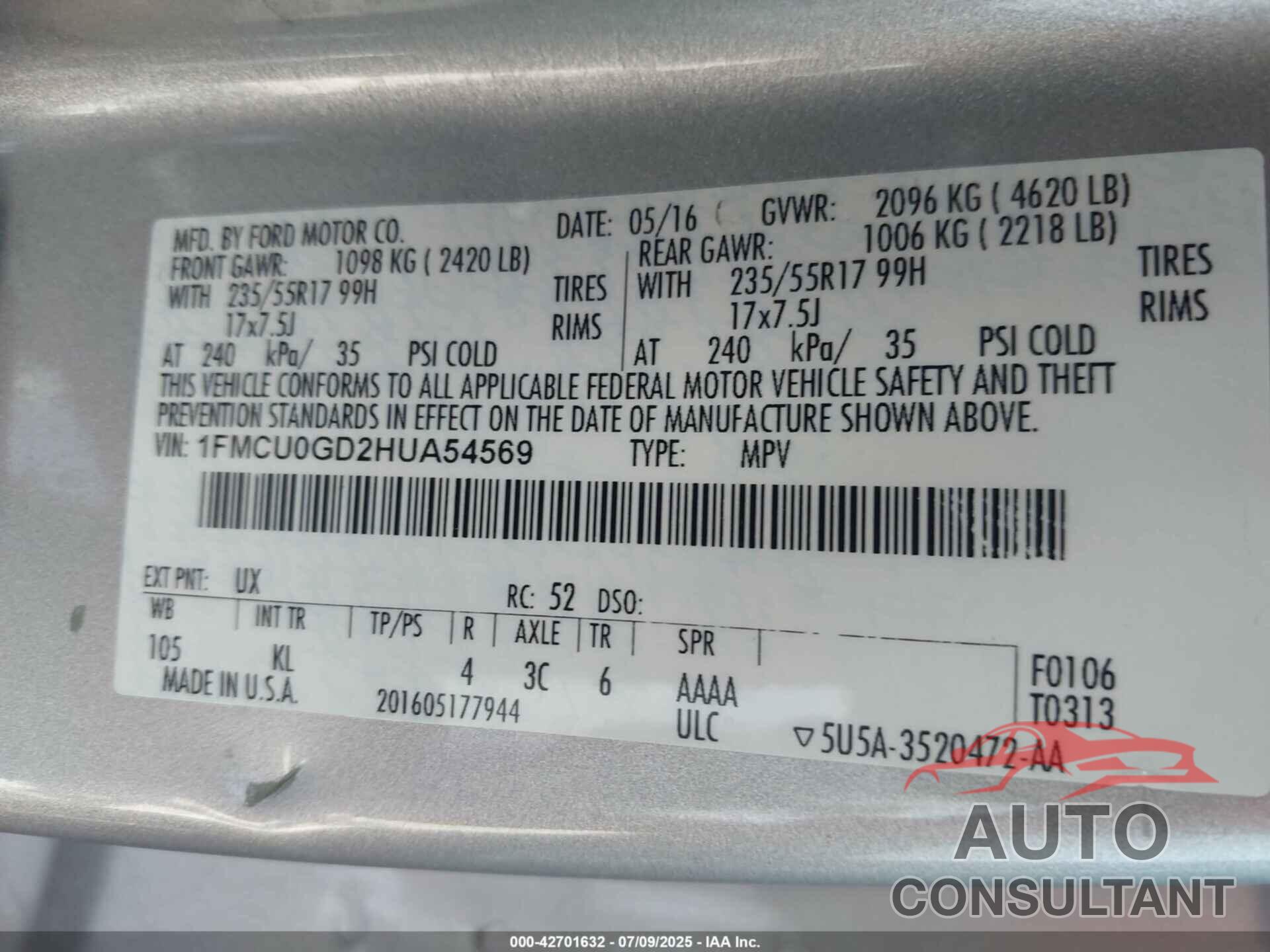 FORD ESCAPE 2017 - 1FMCU0GD2HUA54569