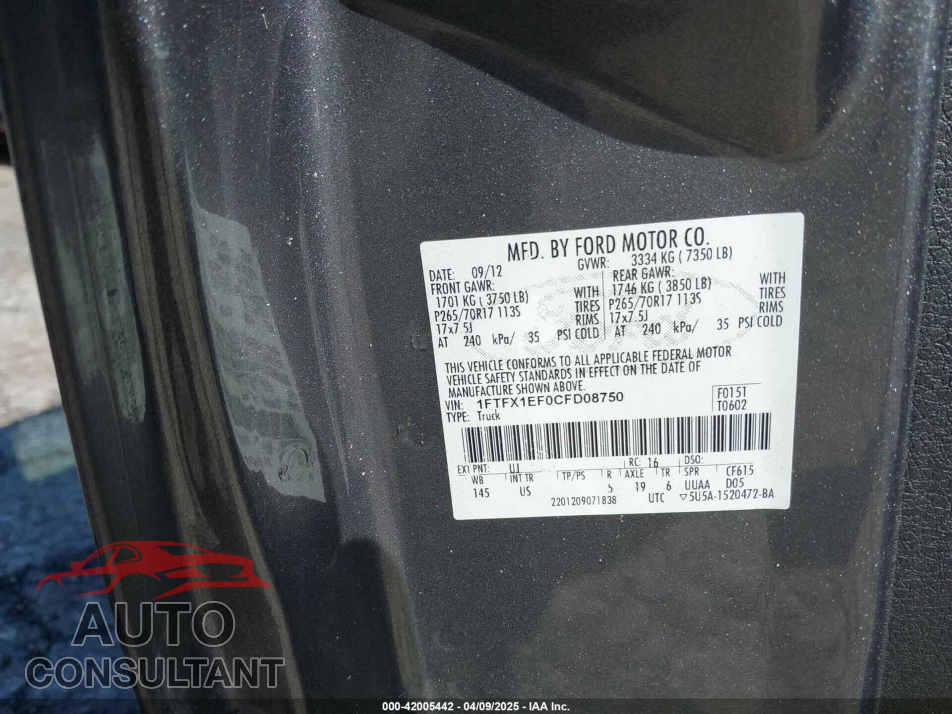 FORD F-150 2012 - 1FTFX1EF0CFD08750