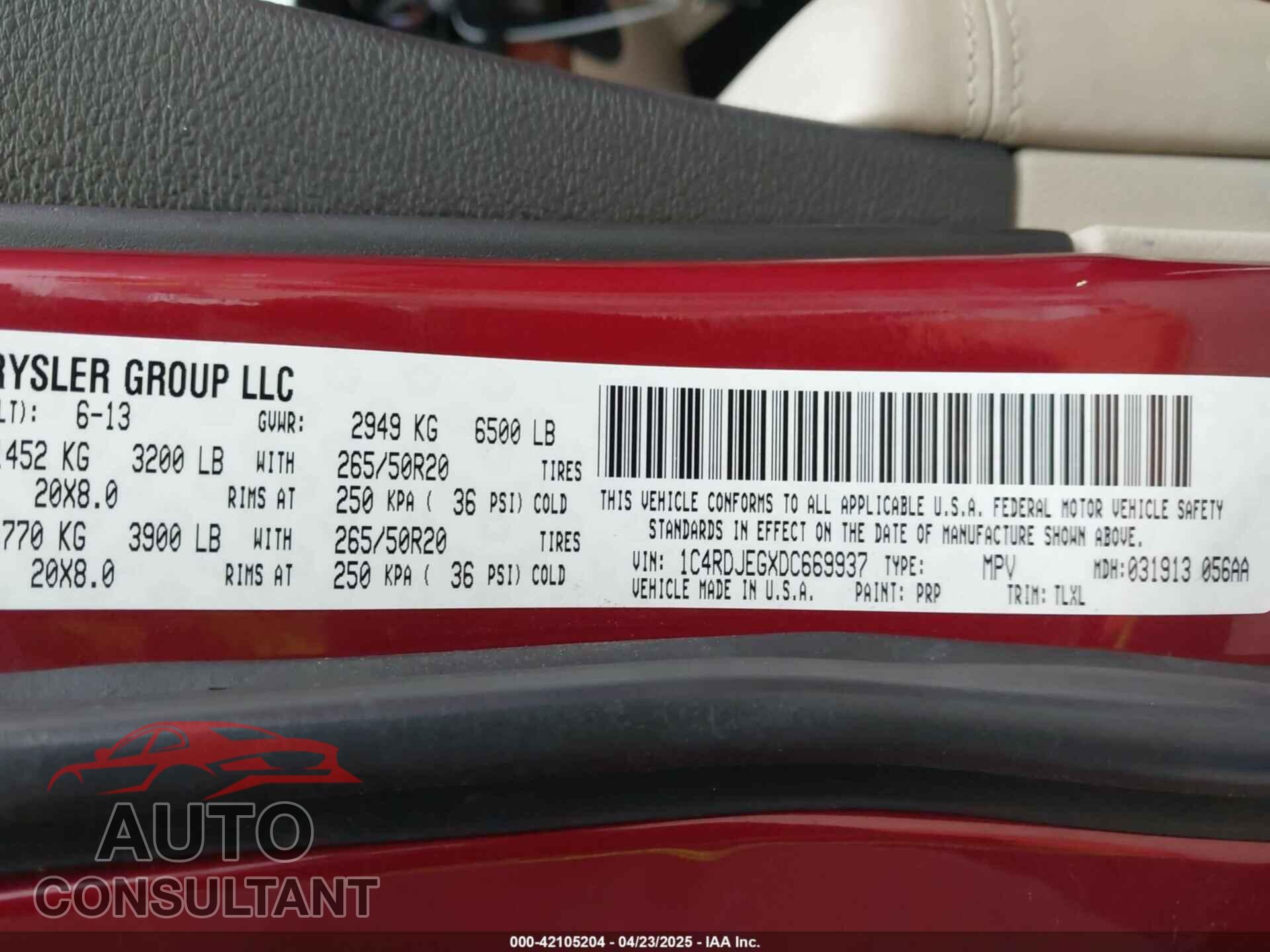DODGE DURANGO 2013 - 1C4RDJEGXDC669937