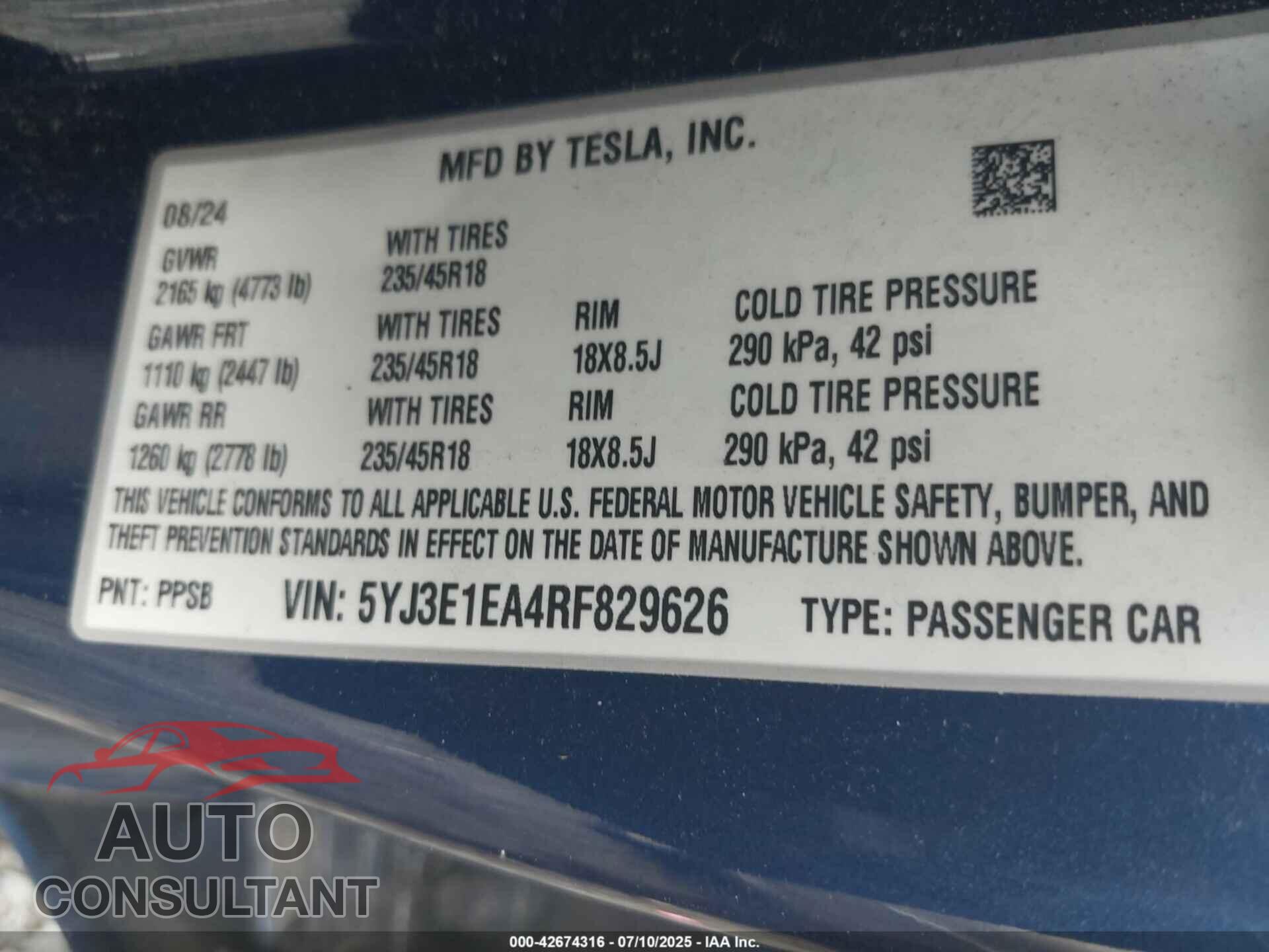 TESLA MODEL 3 2024 - 5YJ3E1EA4RF829626
