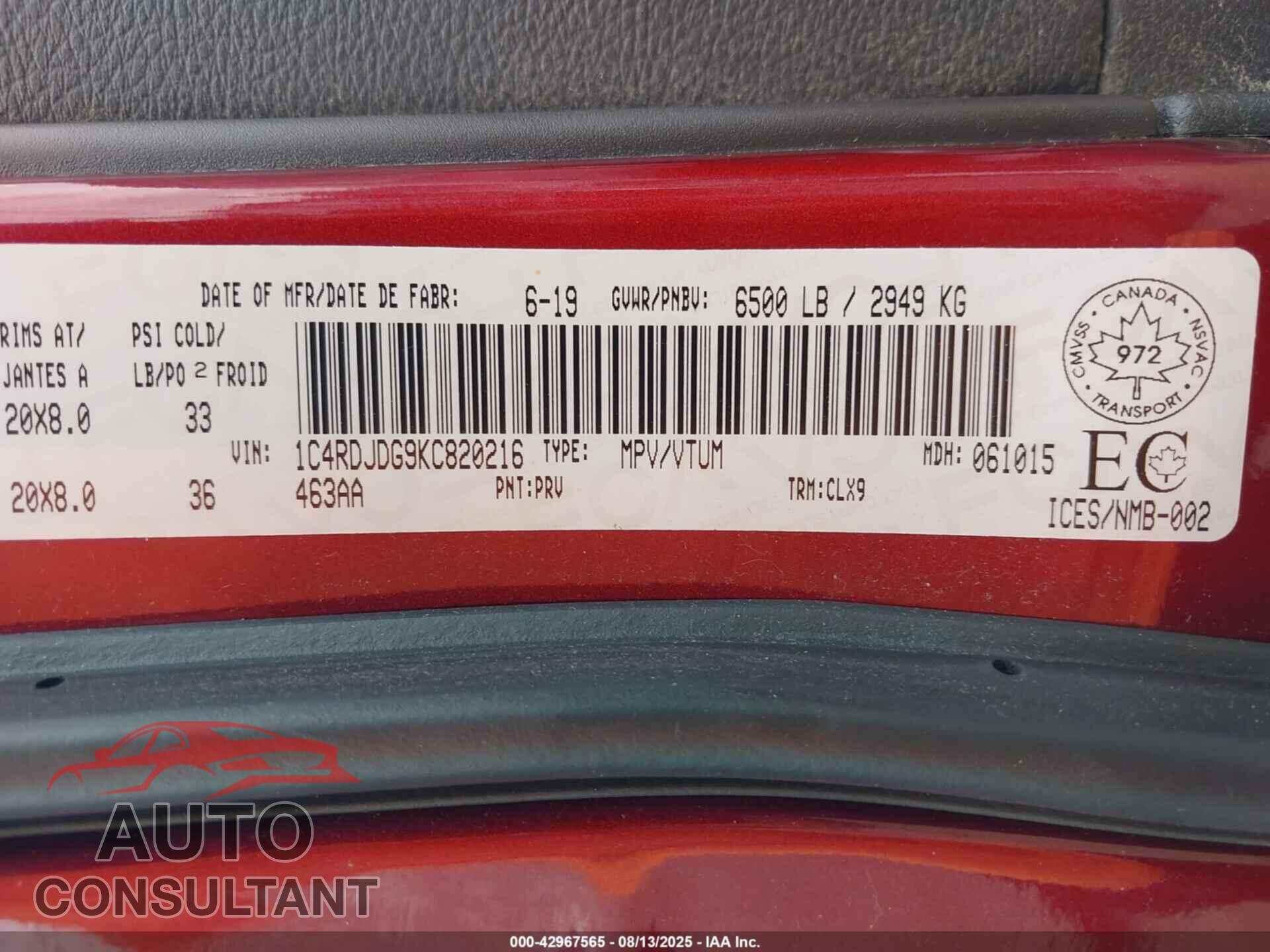 DODGE DURANGO 2019 - 1C4RDJDG9KC820216