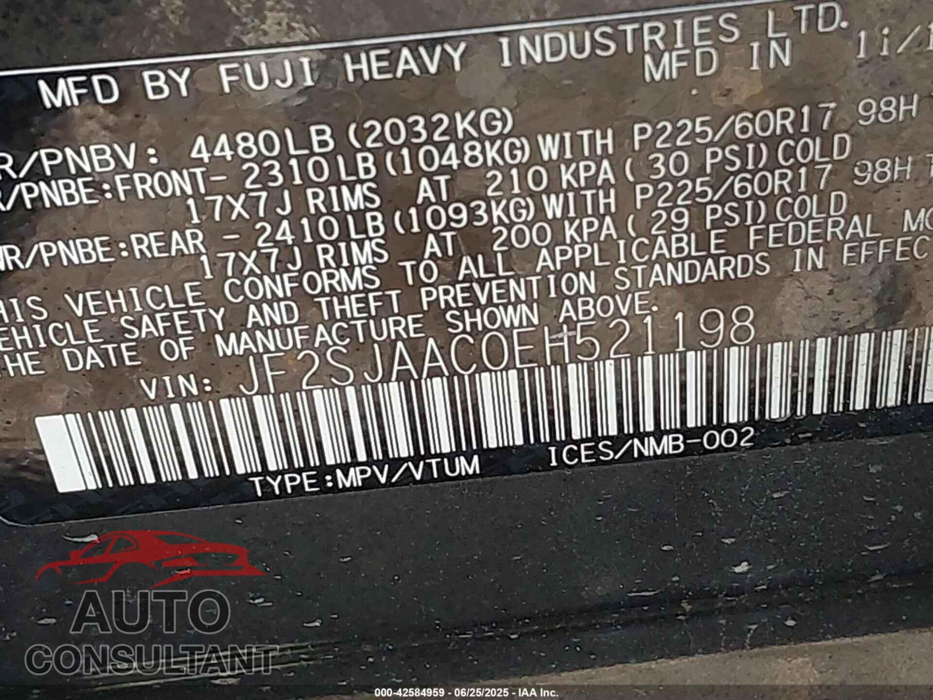 SUBARU FORESTER 2014 - JF2SJAAC0EH521198