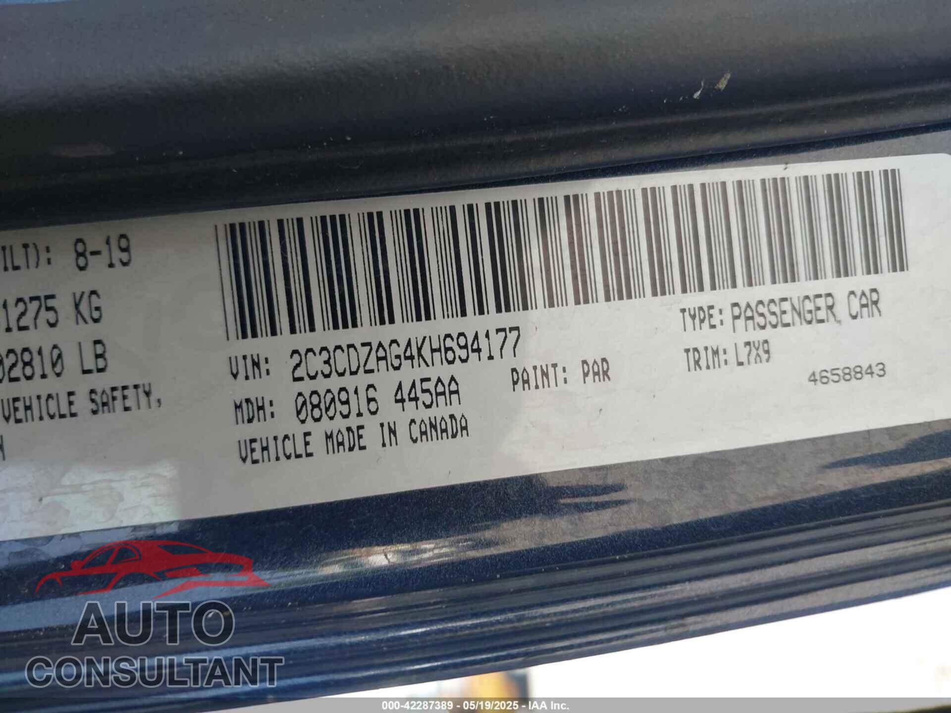 DODGE CHALLENGER 2019 - 2C3CDZAG4KH694177