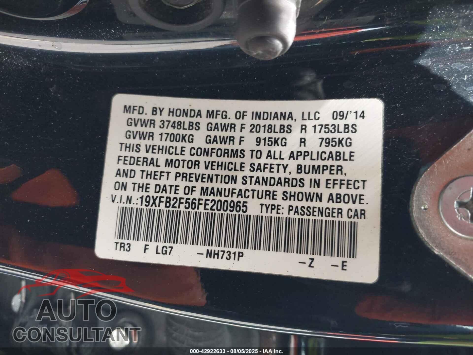 HONDA CIVIC 2015 - 19XFB2F56FE200965