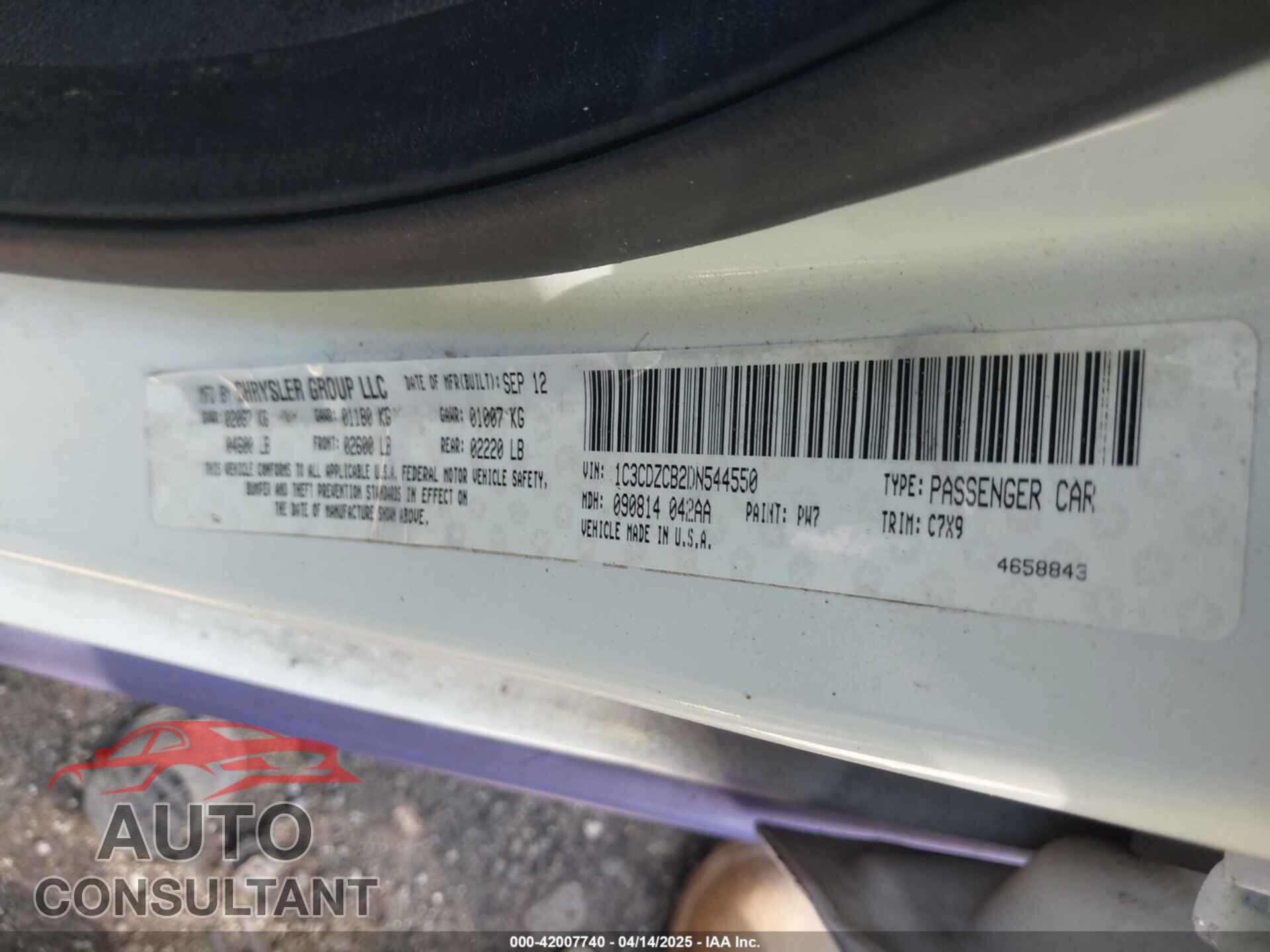 DODGE AVENGER 2013 - 1C3CDZCB2DN544550