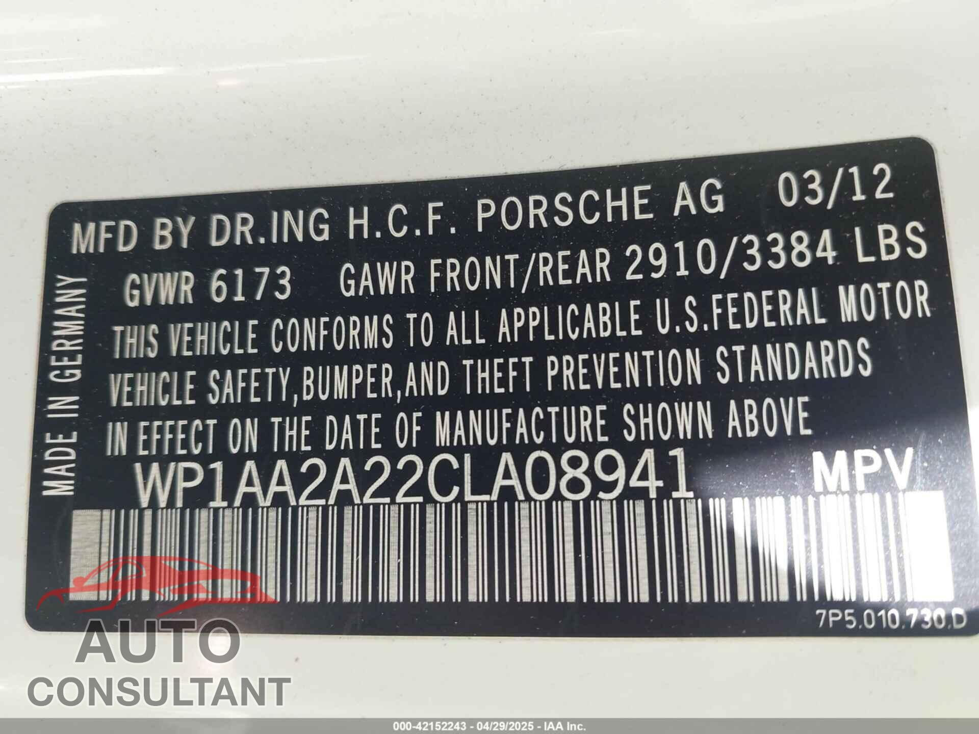 PORSCHE CAYENNE 2012 - WP1AA2A22CLA08941