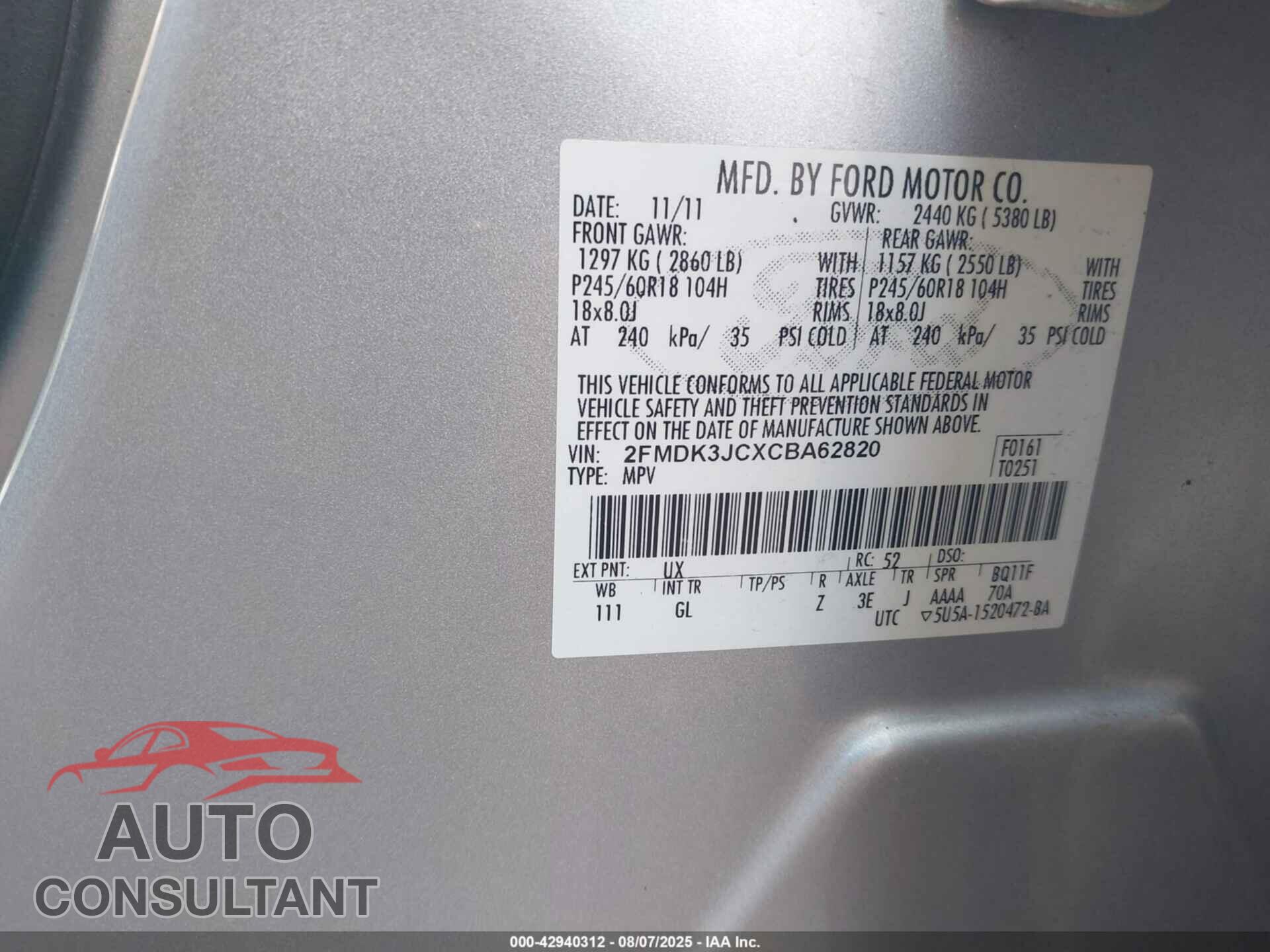 FORD EDGE 2012 - 2FMDK3JCXCBA62820