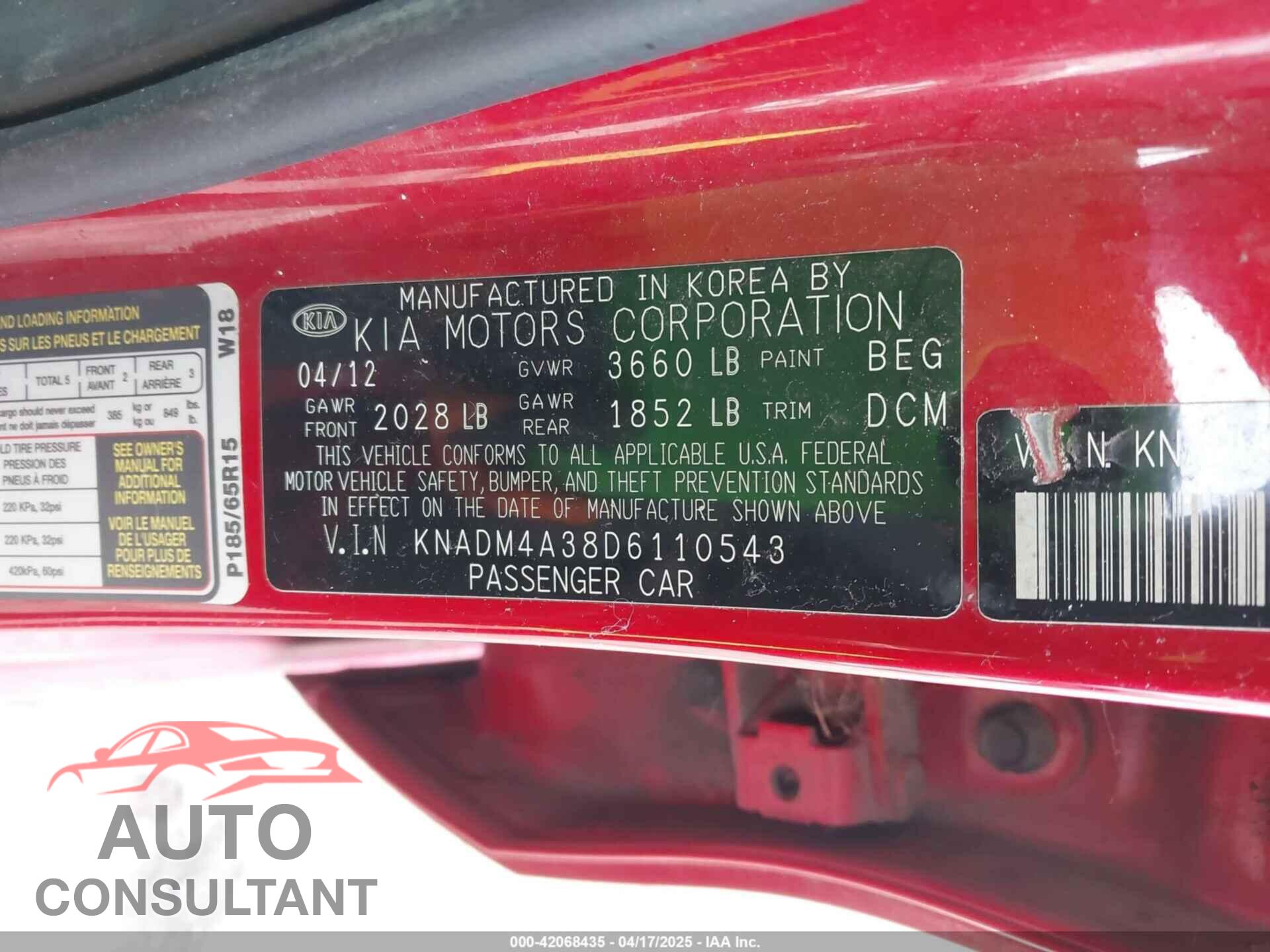 KIA RIO 2013 - KNADM4A38D6110543