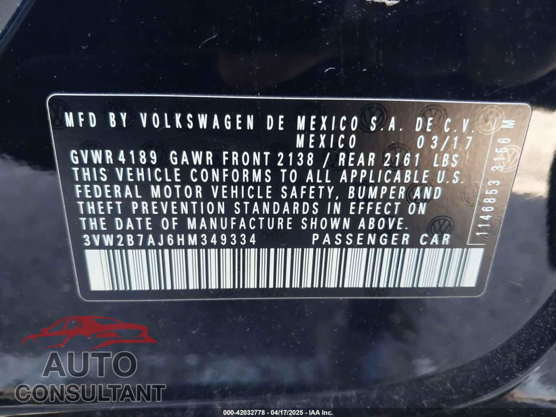 VOLKSWAGEN JETTA 2017 - 3VW2B7AJ6HM349334