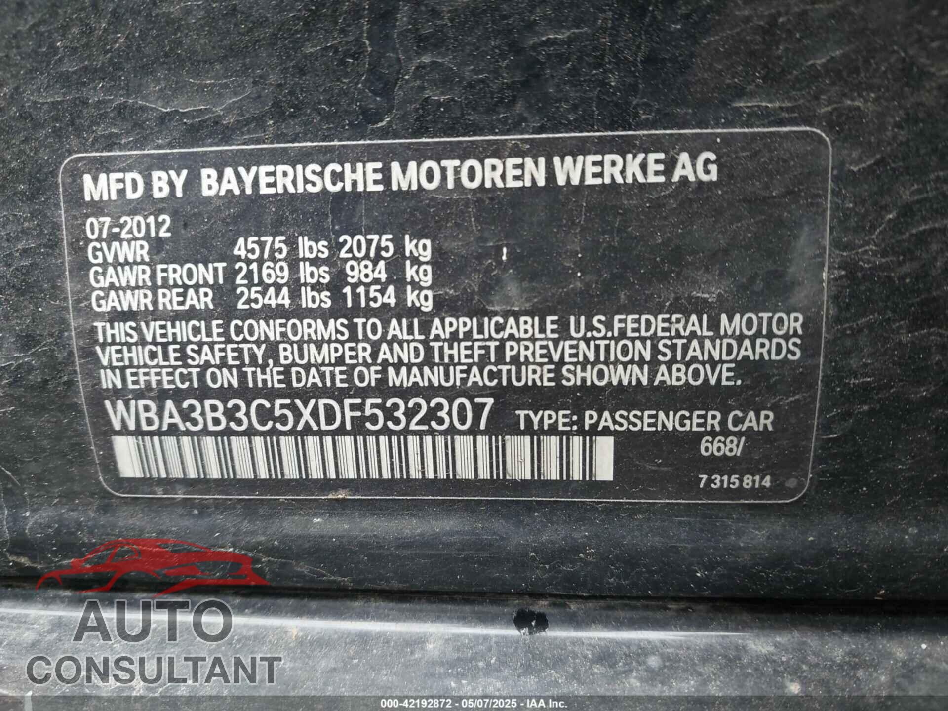 BMW 3 SERIES 2013 - WBA3B3C5XDF532307