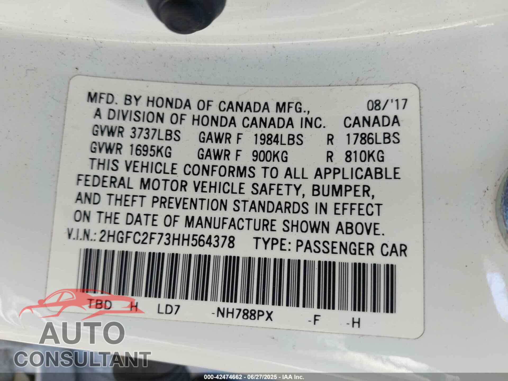 HONDA CIVIC 2017 - 2HGFC2F73HH564378