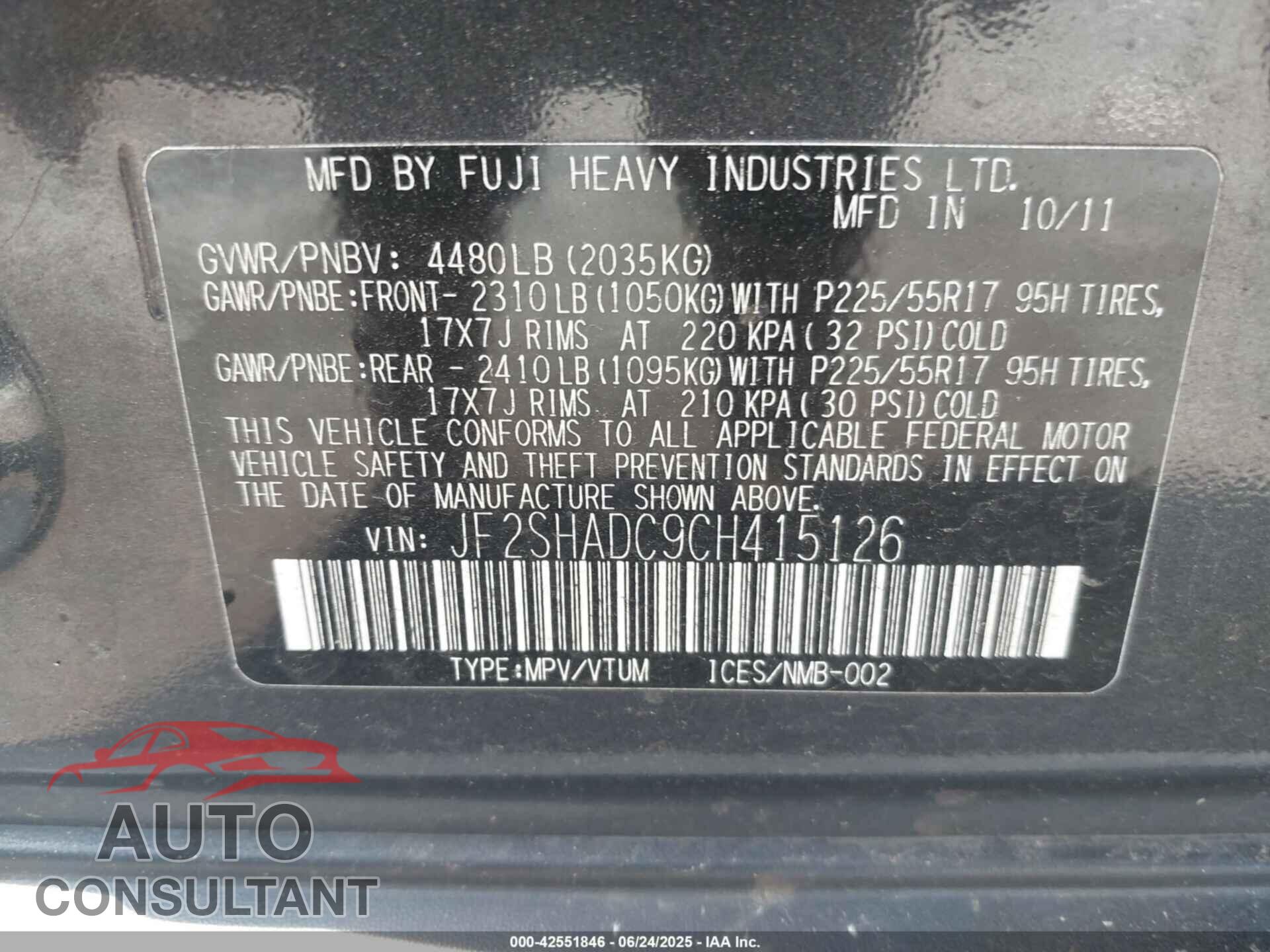 SUBARU FORESTER 2012 - JF2SHADC9CH415126