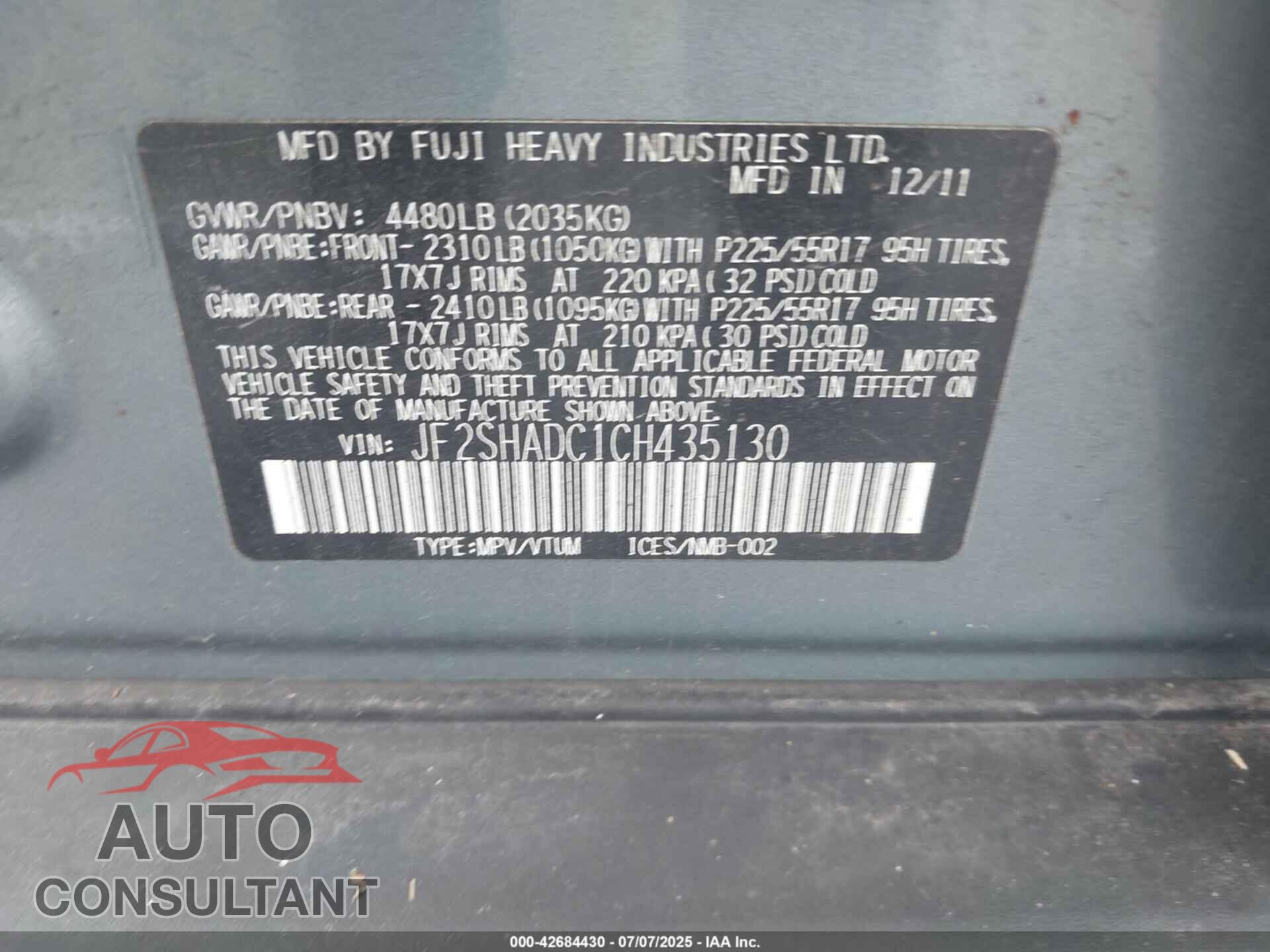 SUBARU FORESTER 2012 - JF2SHADC1CH435130