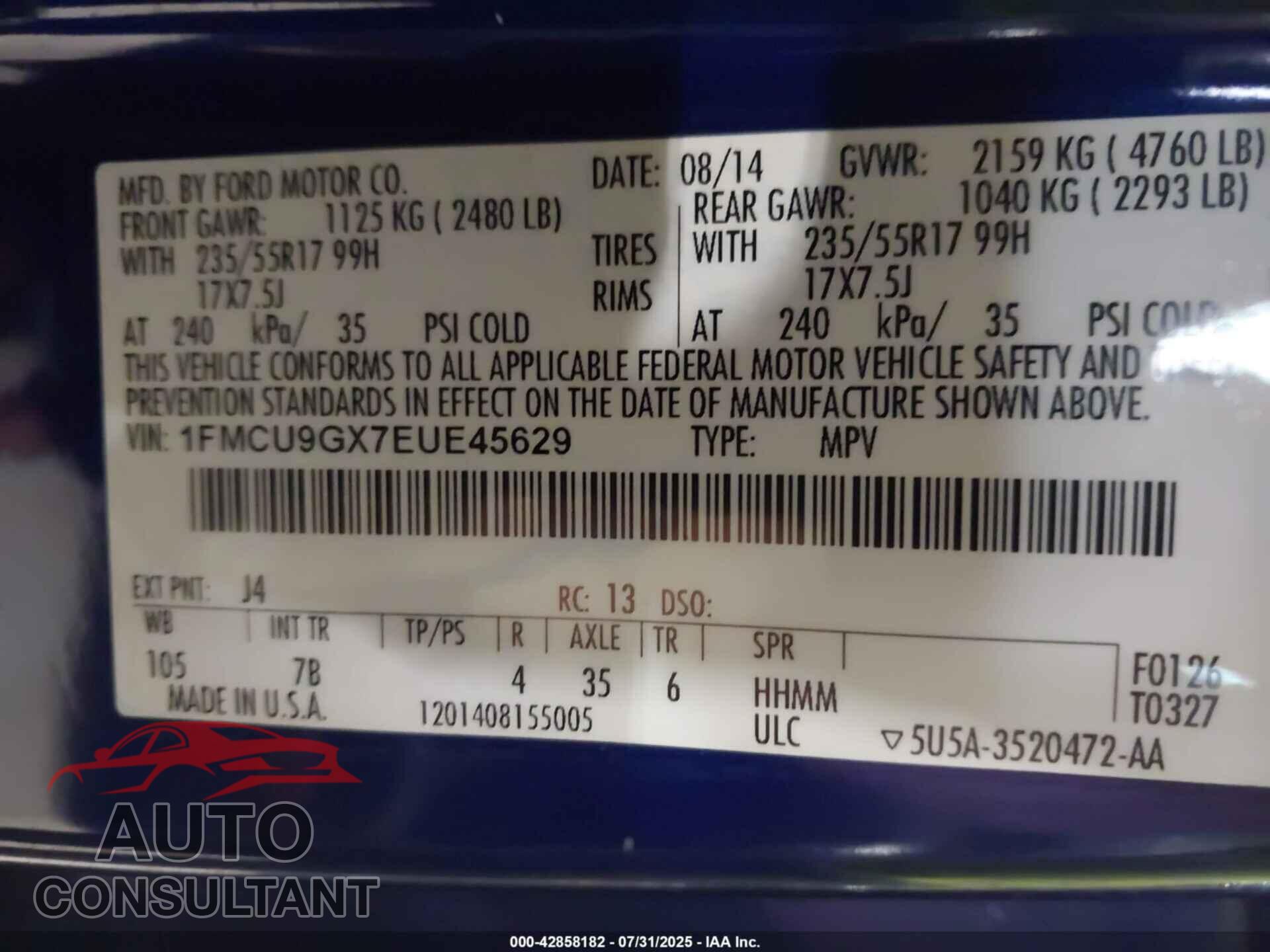 FORD ESCAPE 2014 - 1FMCU9GX7EUE45629