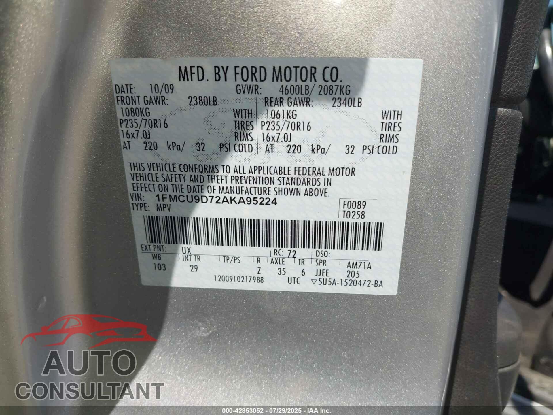 FORD ESCAPE 2010 - 1FMCU9D72AKA95224