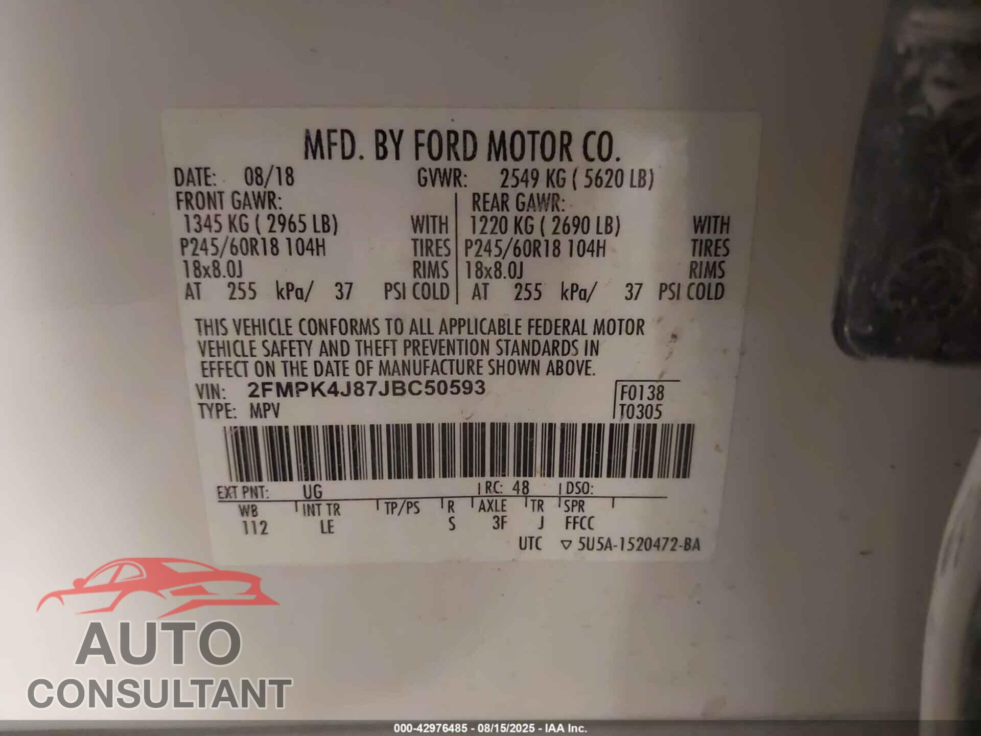 FORD EDGE 2018 - 2FMPK4J87JBC50593