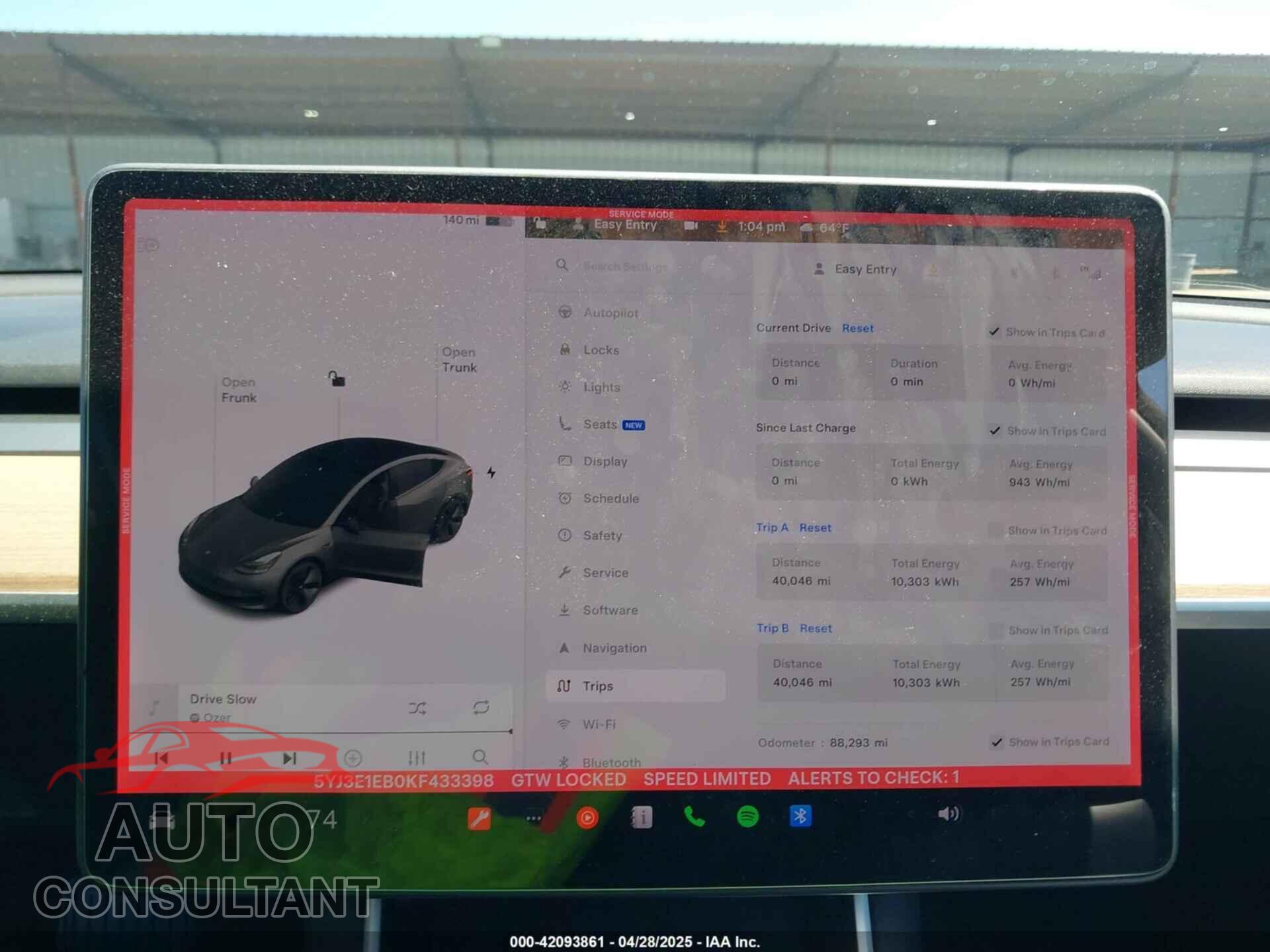 TESLA MODEL 3 2019 - 5YJ3E1EB0KF433398