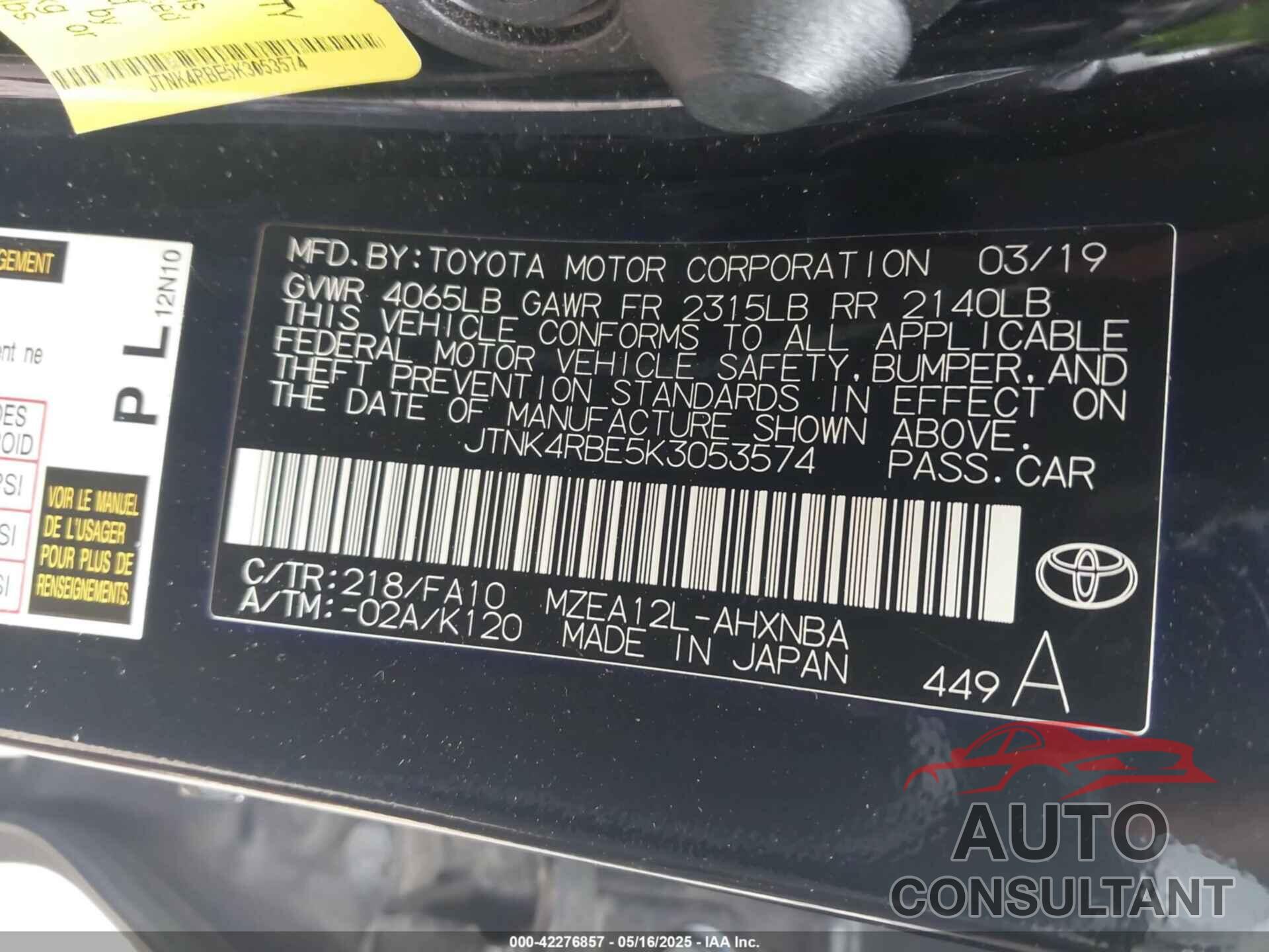TOYOTA COROLLA 2019 - JTNK4RBE5K3053574