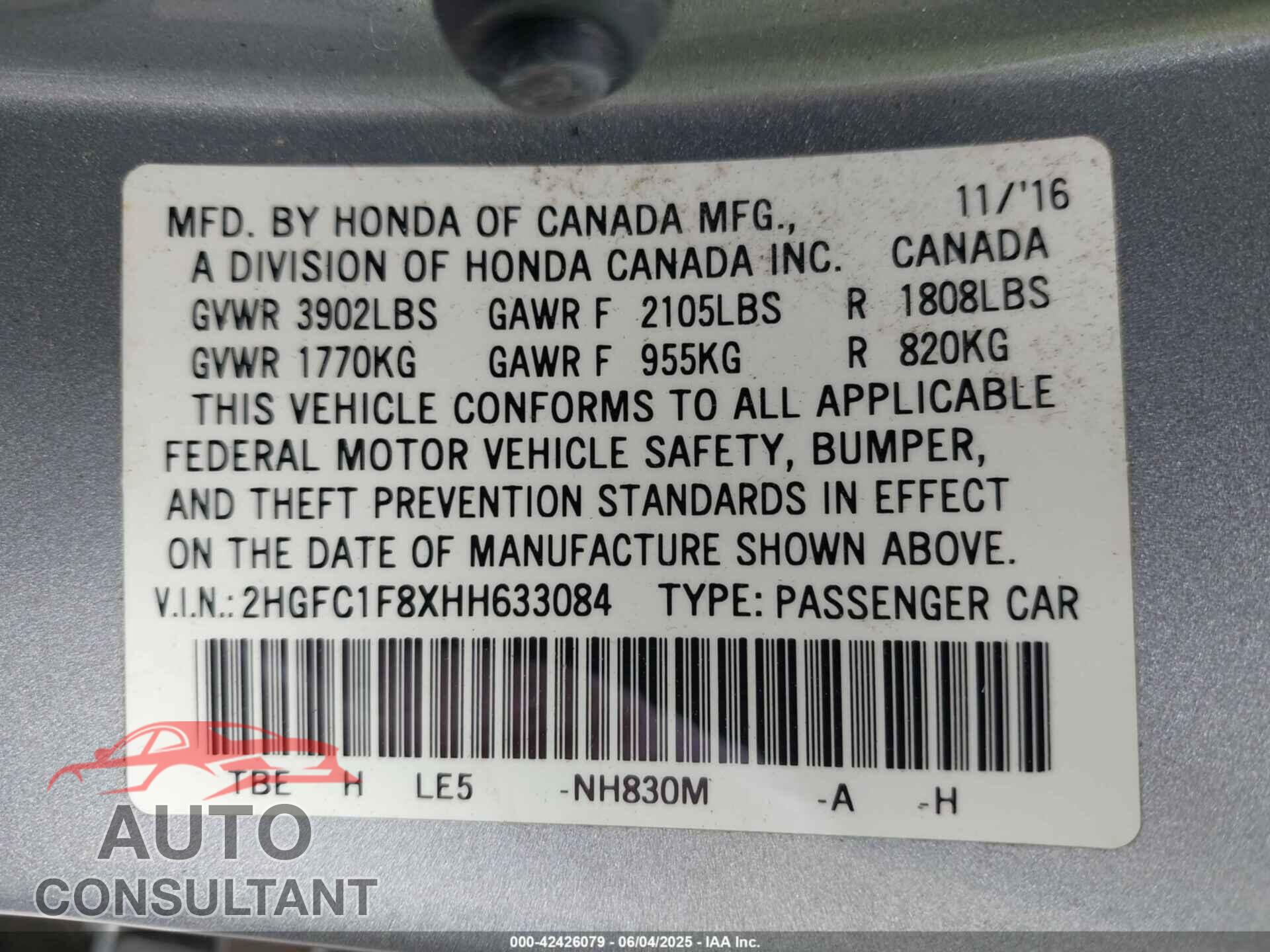 HONDA CIVIC 2017 - 2HGFC1F8XHH633084