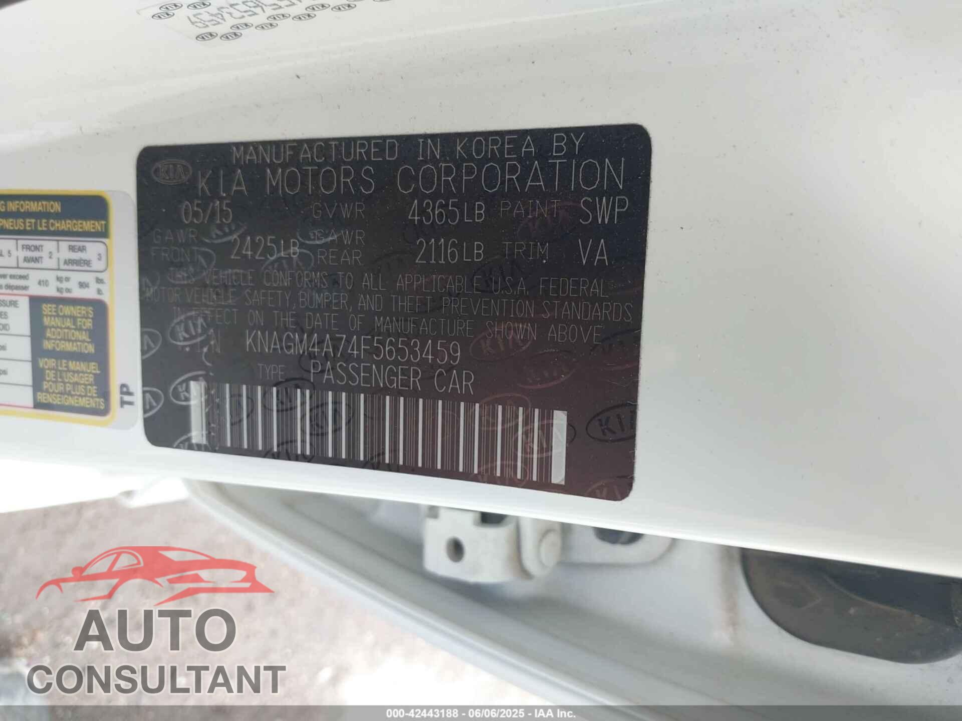 KIA OPTIMA 2015 - KNAGM4A74F5653459