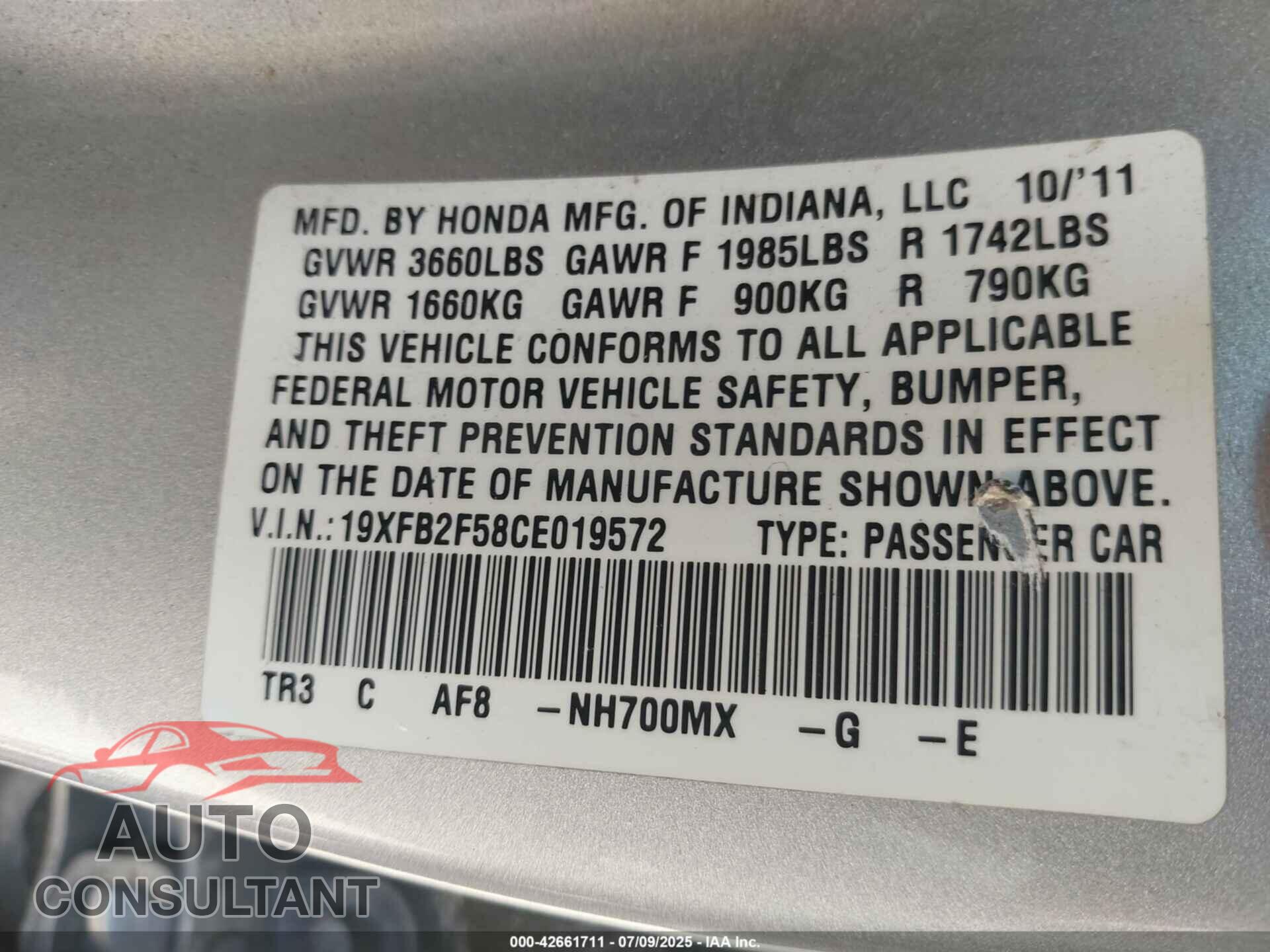 HONDA CIVIC 2012 - 19XFB2F58CE019572