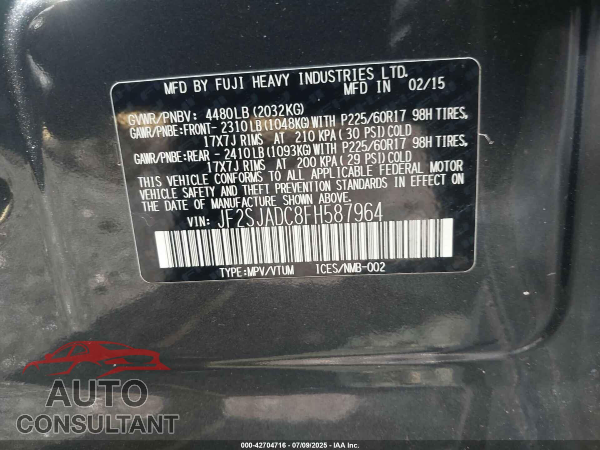 SUBARU FORESTER 2015 - JF2SJADC8FH587964
