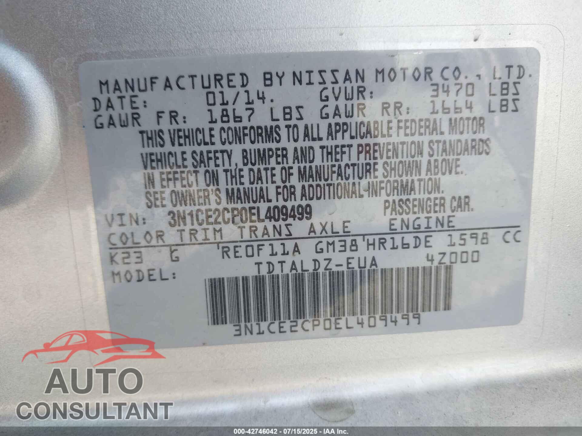 NISSAN VERSA NOTE 2014 - 3N1CE2CP0EL409499