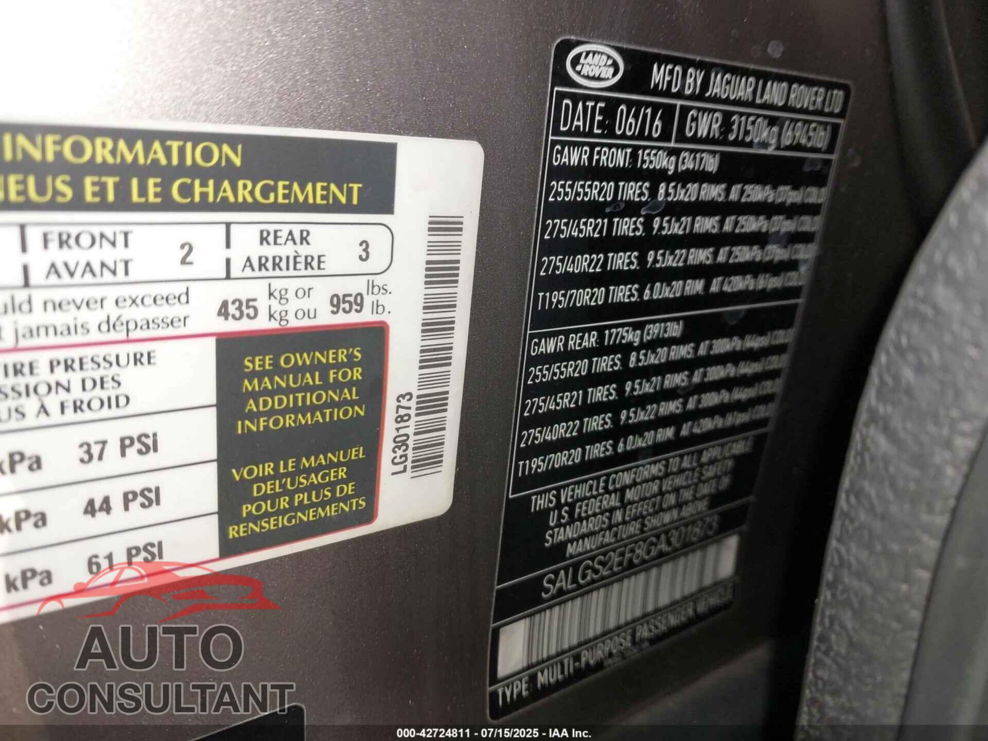 LAND ROVER RANGE ROVER 2016 - SALGS2EF8GA301873