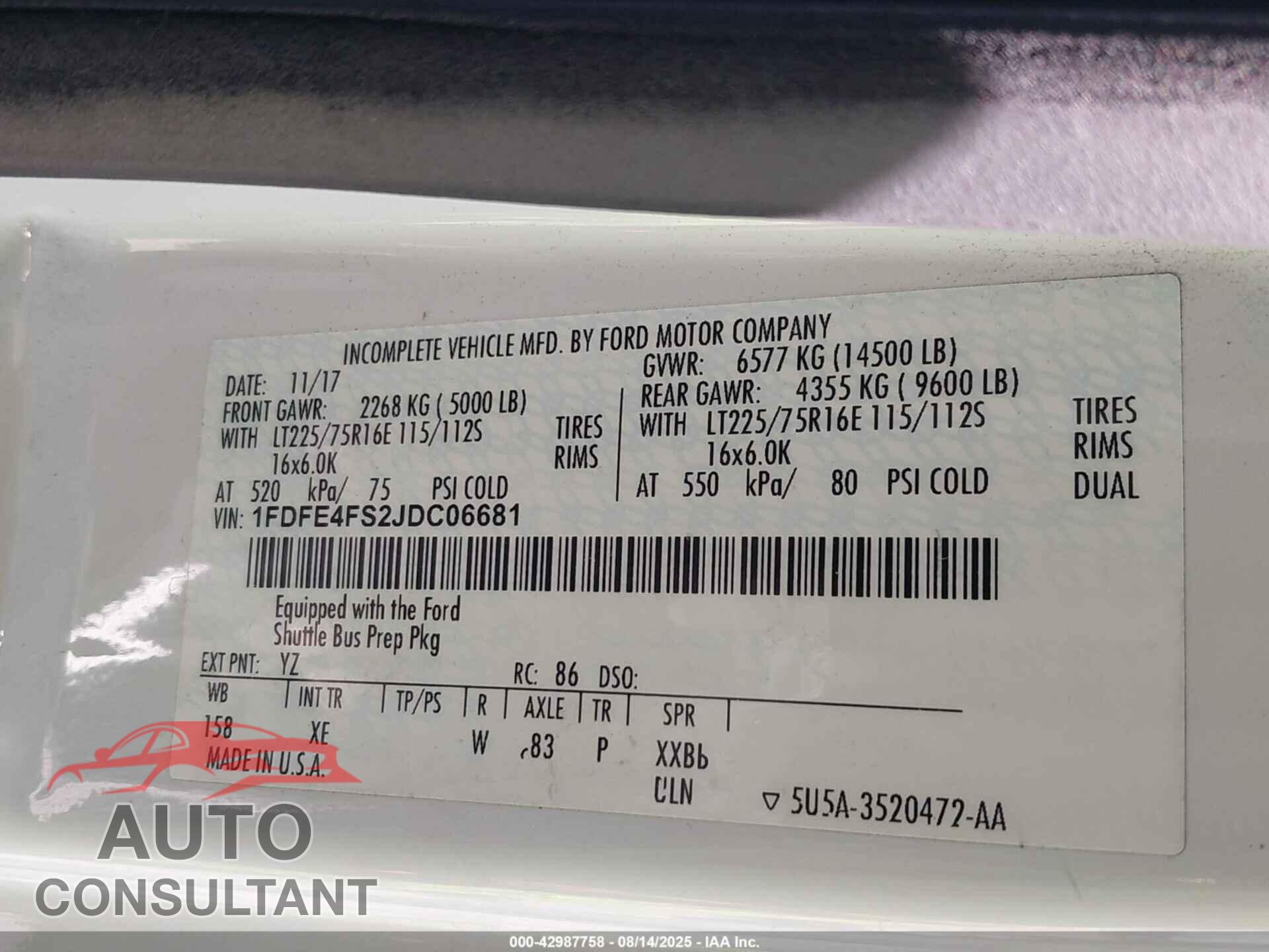 FORD E-450 CUTAWAY 2018 - 1FDFE4FS2JDC06681