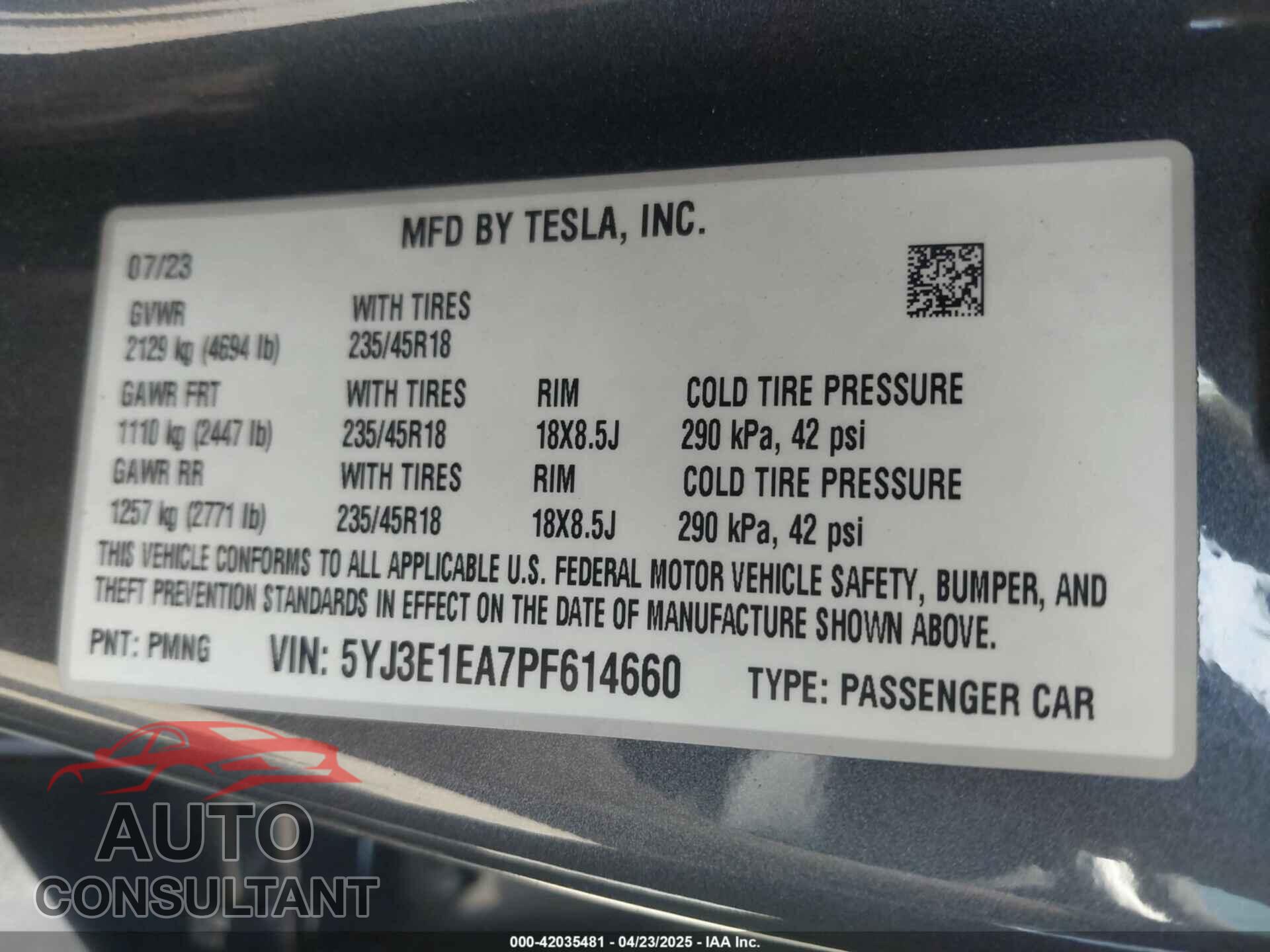 TESLA MODEL 3 2023 - 5YJ3E1EA7PF614660